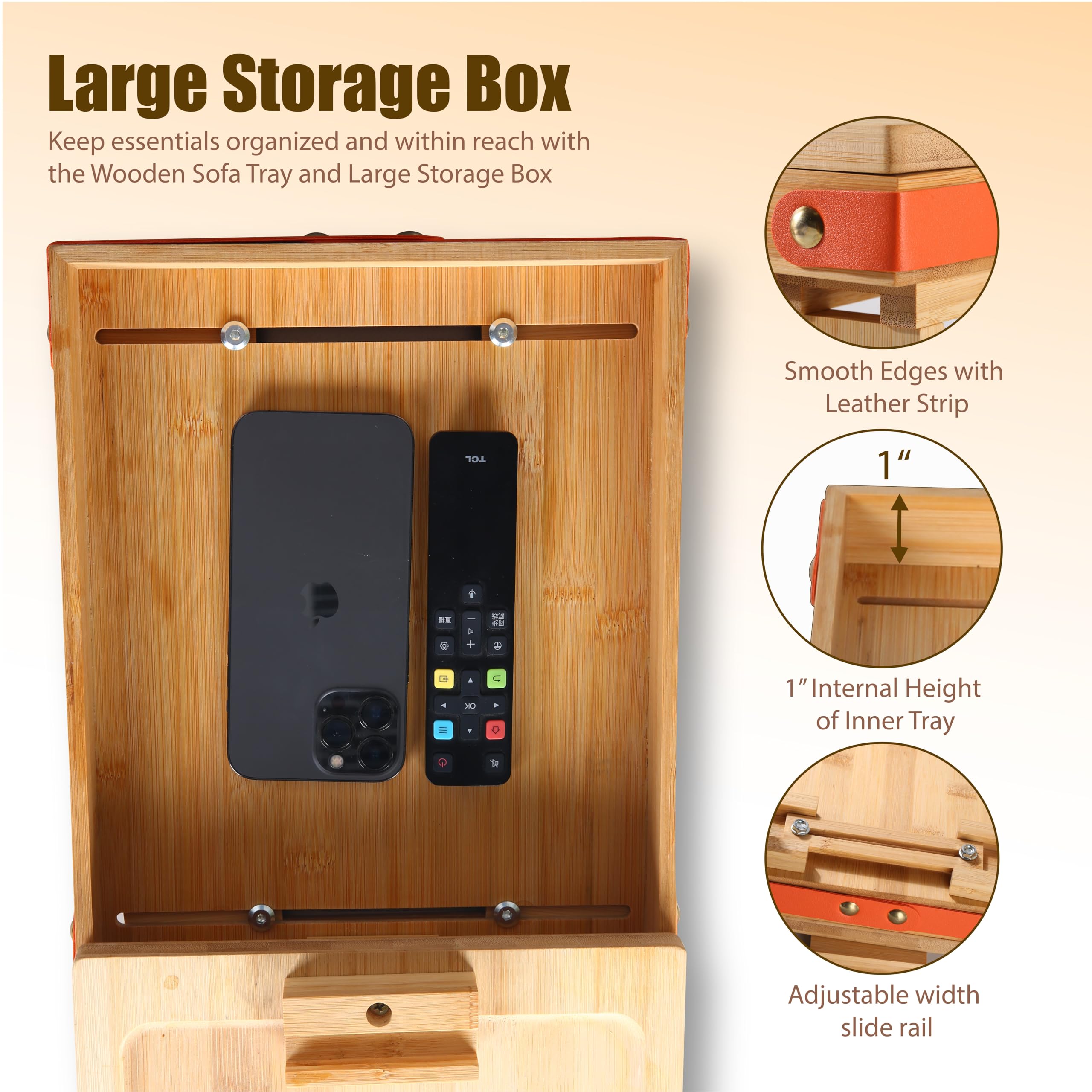Premium Bamboo Couch Arm Table Tray with 360° Phone Holder - Non-Slip Clip-On Sofa Tray for Remote, Snacks & Drinks (4 Legs) - Perfect for Living Room, Bedroom & Home Theater Relaxation