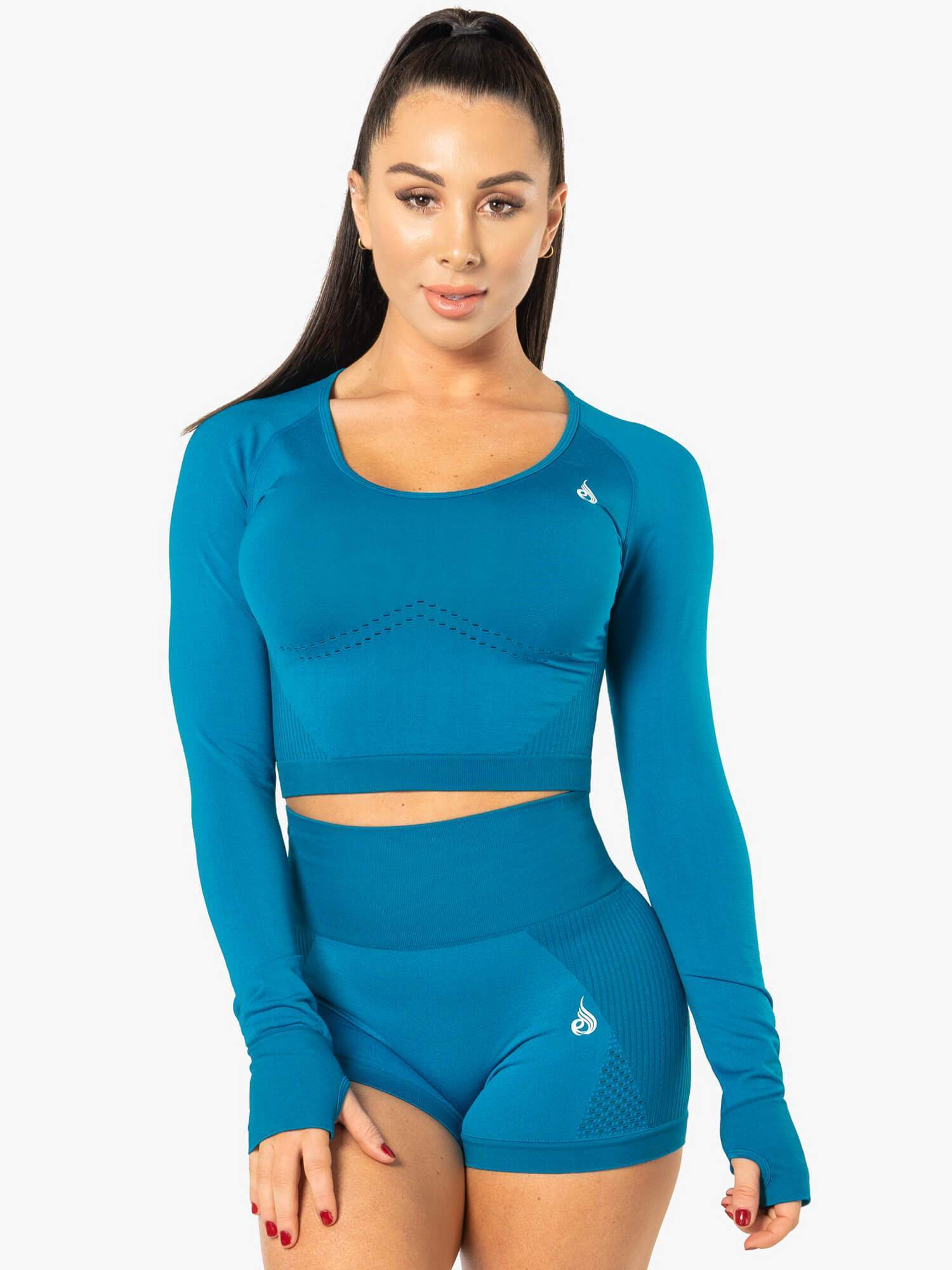 Electra Seamless Long Sleeve Crop Top for Women - Electric Blue Workout Shirt | Yoga, Gym & Casual Wear