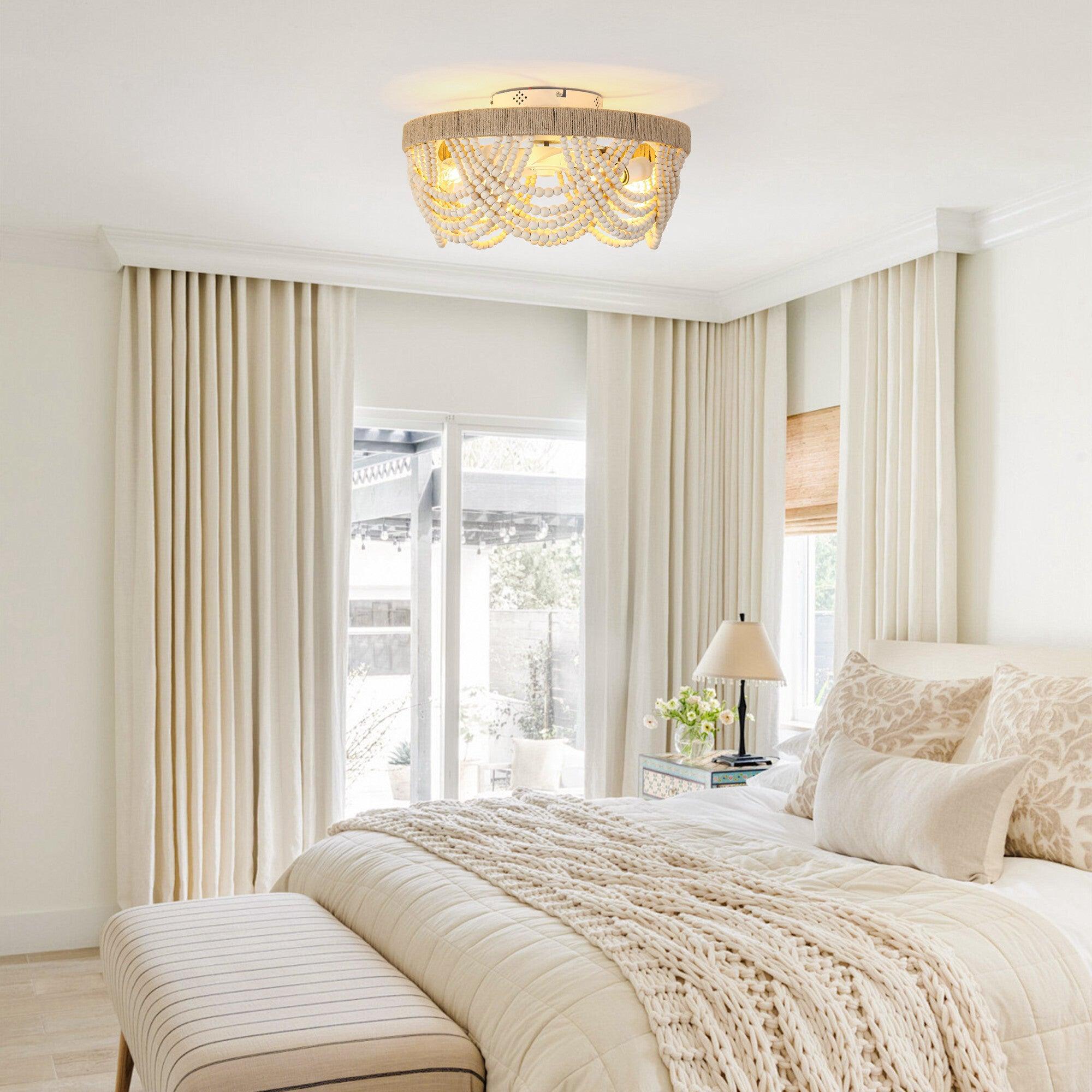20 Inch White Farmhouse Wooden Beads Flush Mount Ceiling Fan with APP Remote Control & LED Light - Perfect for Bedroom, Living Room, and Kitchen Decoration