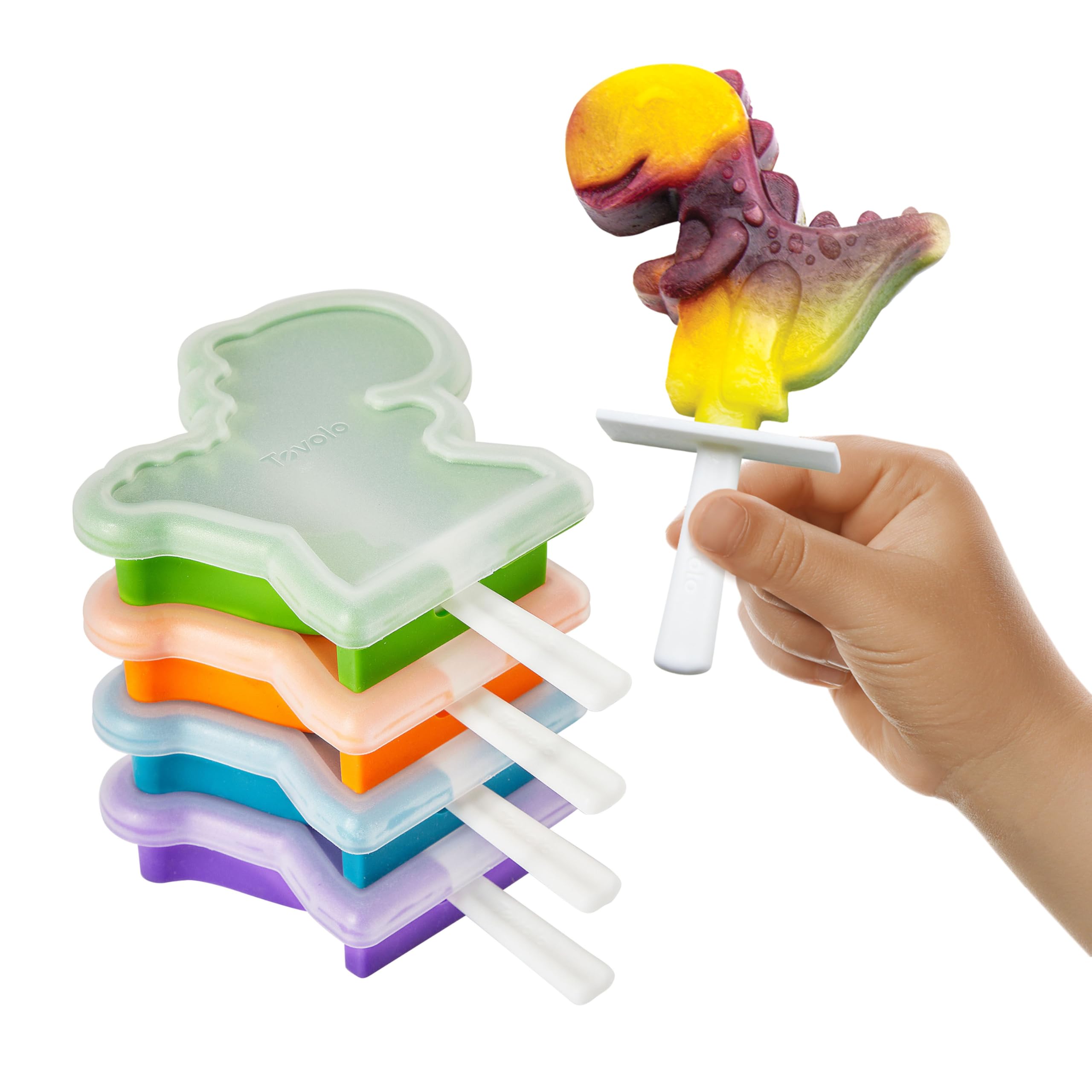 Tovolo Dinosaur Silicone Popsicle Molds with Sticks (4-Pack) - Reusable BPA-Free Ice Pop Molds for Homemade Frozen Treats - Stackable Popsicle Maker with Lid, Dishwasher Safe - Perfect for Summer Snacks, Kids Parties & Healthy Desserts