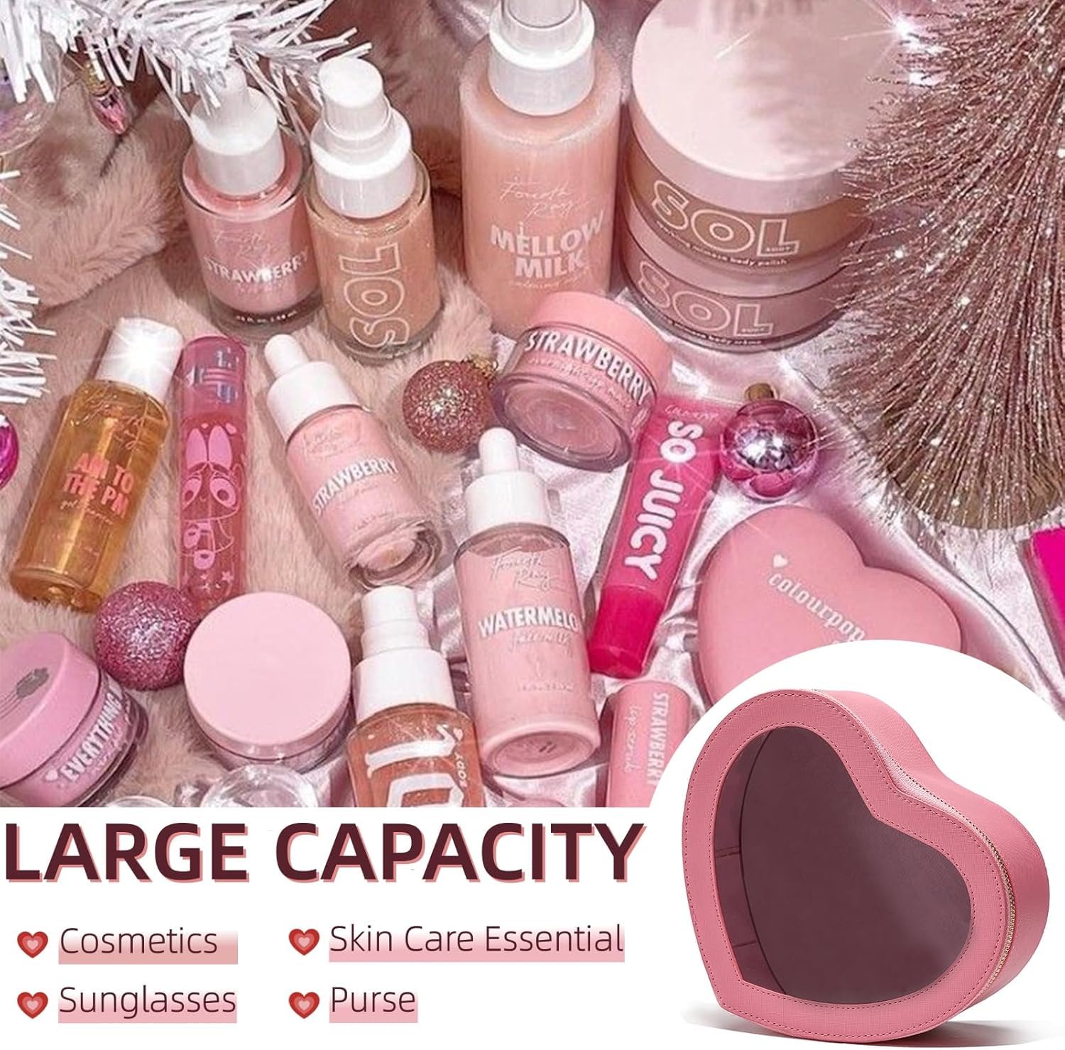 Pink Heart Makeup Bag - Valentine's Day Gift for Her, Clear Top Cosmetic Organizer, Large Waterproof Travel Makeup Case for Women & Girls | Perfect for Travel, Bridal Shower, Birthday Gifts