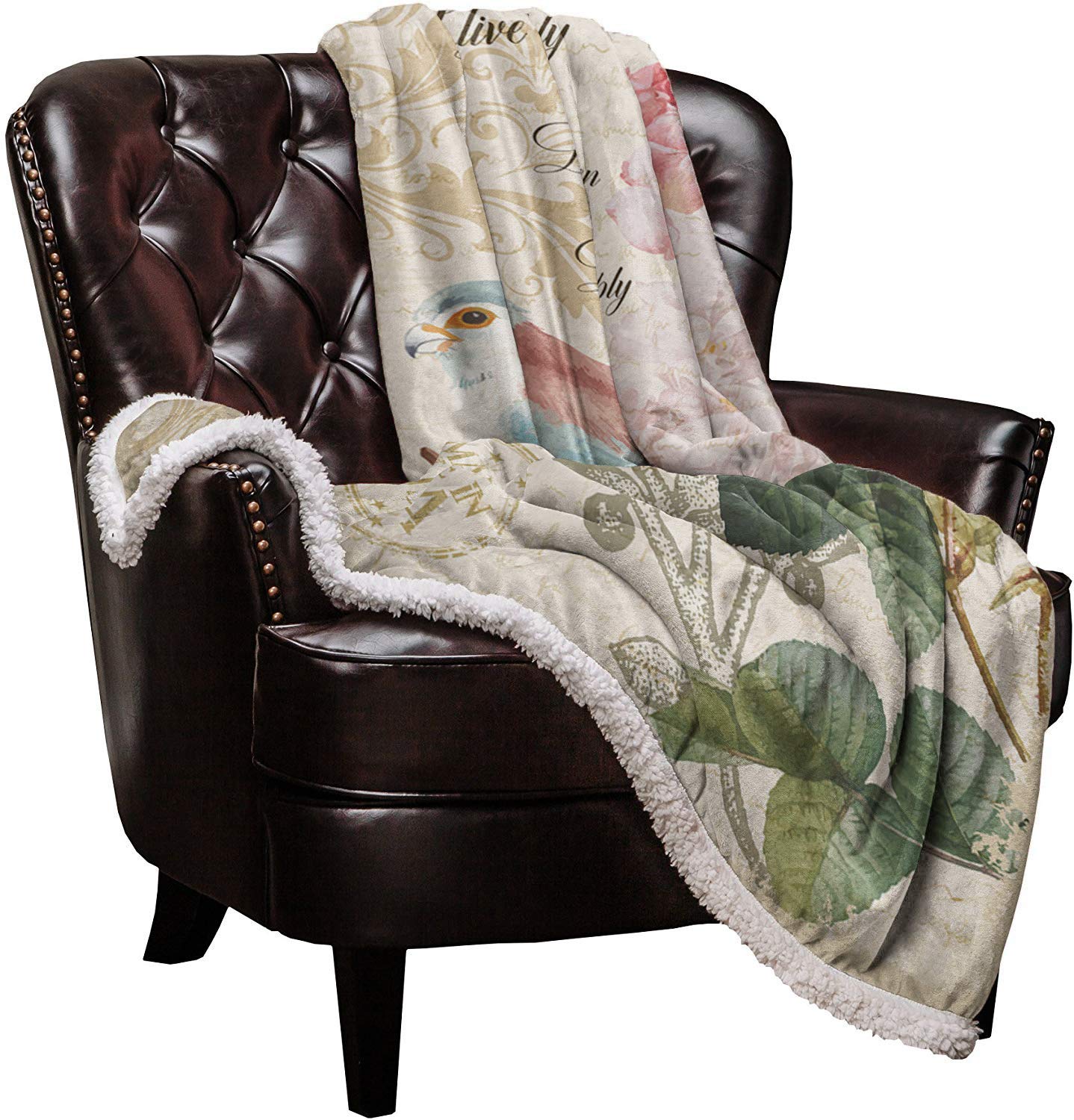 Sherpa Fleece Throw Blanket 60x80in - Soft Warm Vintage Floral Blanket with Bird & Rose Design, Lightweight Plush Blanket for Couch, Sofa, Bed | Cozy Home Decor, Perfect for Living Room, Bedroom & Gift Giving