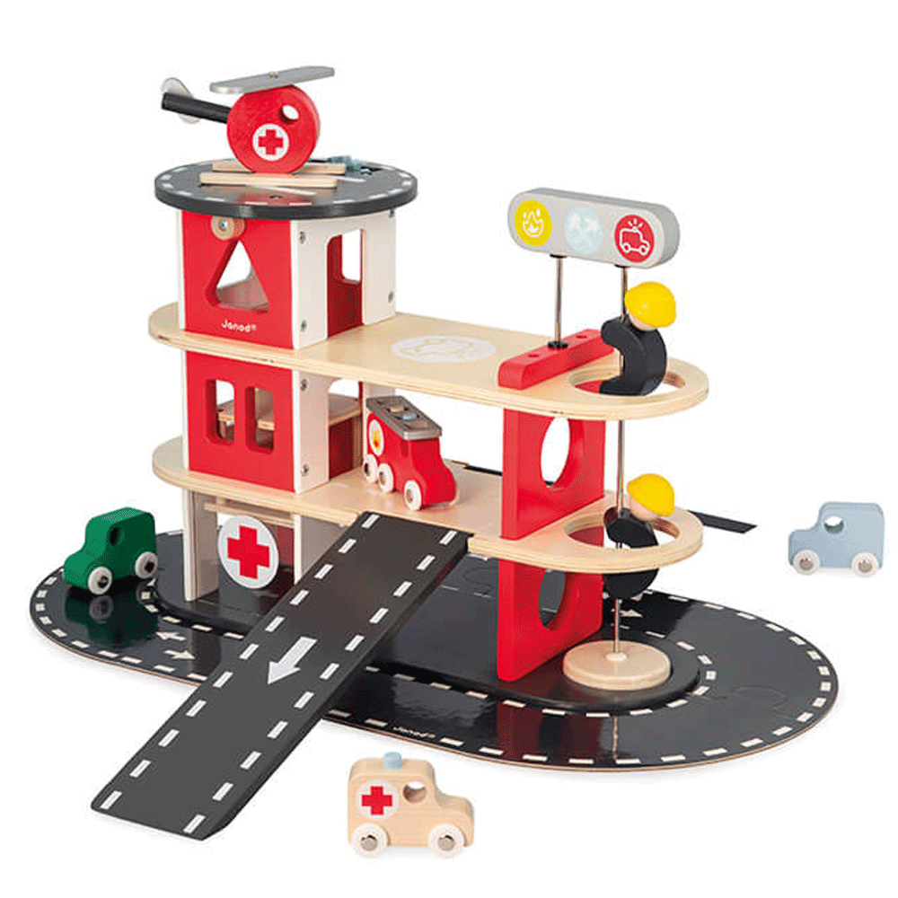 Janod Bolid Fire Station Toy - Wooden Fire Truck Playset for Kids, Pretend Play & Imaginative Learning - Perfect for Preschoolers & Toddlers (Indoor Play, Birthday Gifts, Daycare Activities)