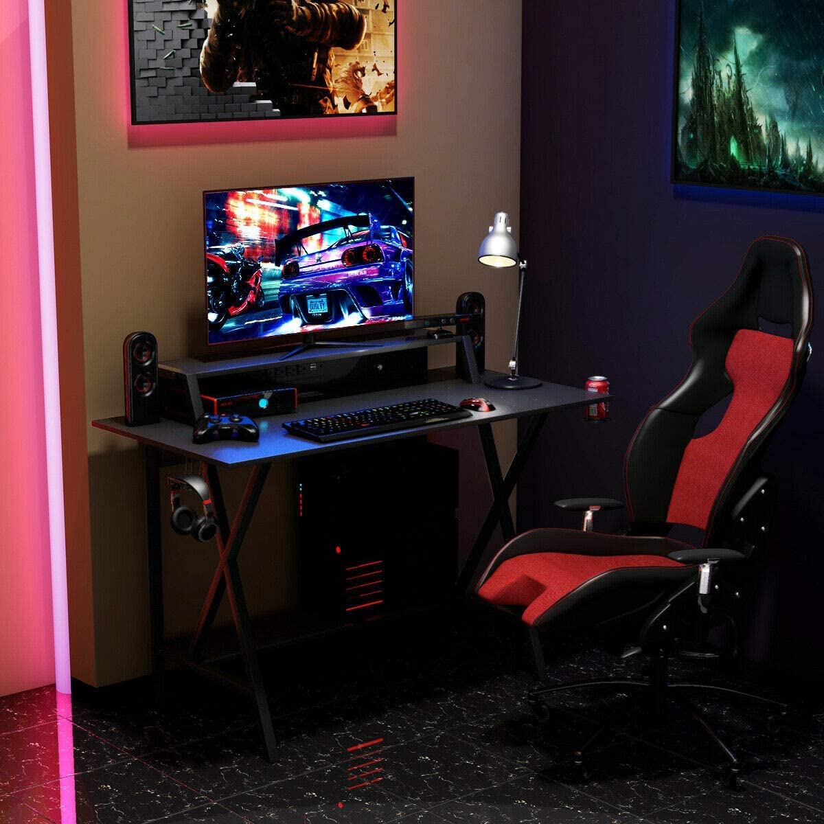 BUSHLY Gaming Desk - 55 Inch Black Computer Desk with Cup Holder, Headphone Hook & Cable Management | Ergonomic Home Office Desk for Gamers & Professionals | Perfect for Streaming, Video Editing & Remote Work