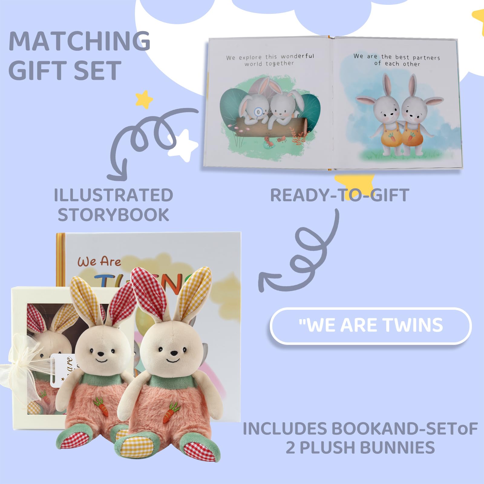 Twins Baby Gift Set for Girls and Boys - 2-Piece Plush Rabbit & Storybook | Perfect for Newborn Twin Gifts, Baby Showers, and Sibling Bonding