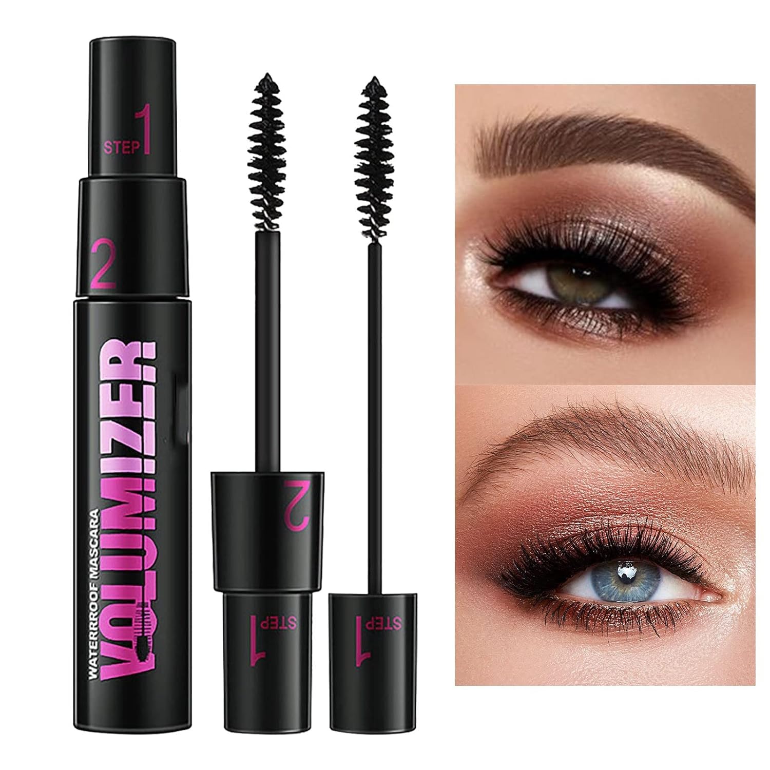 2 in 1 Dual-Brush Black Mascara - Waterproof, Long Lasting, Smudge Proof for Thickening & Lengthening - Volumizing Fiber Lash Mascara for Natural Curled Lashes (Black) | Perfect for Day to Night Wear, Parties, Weddings & Everyday Glam