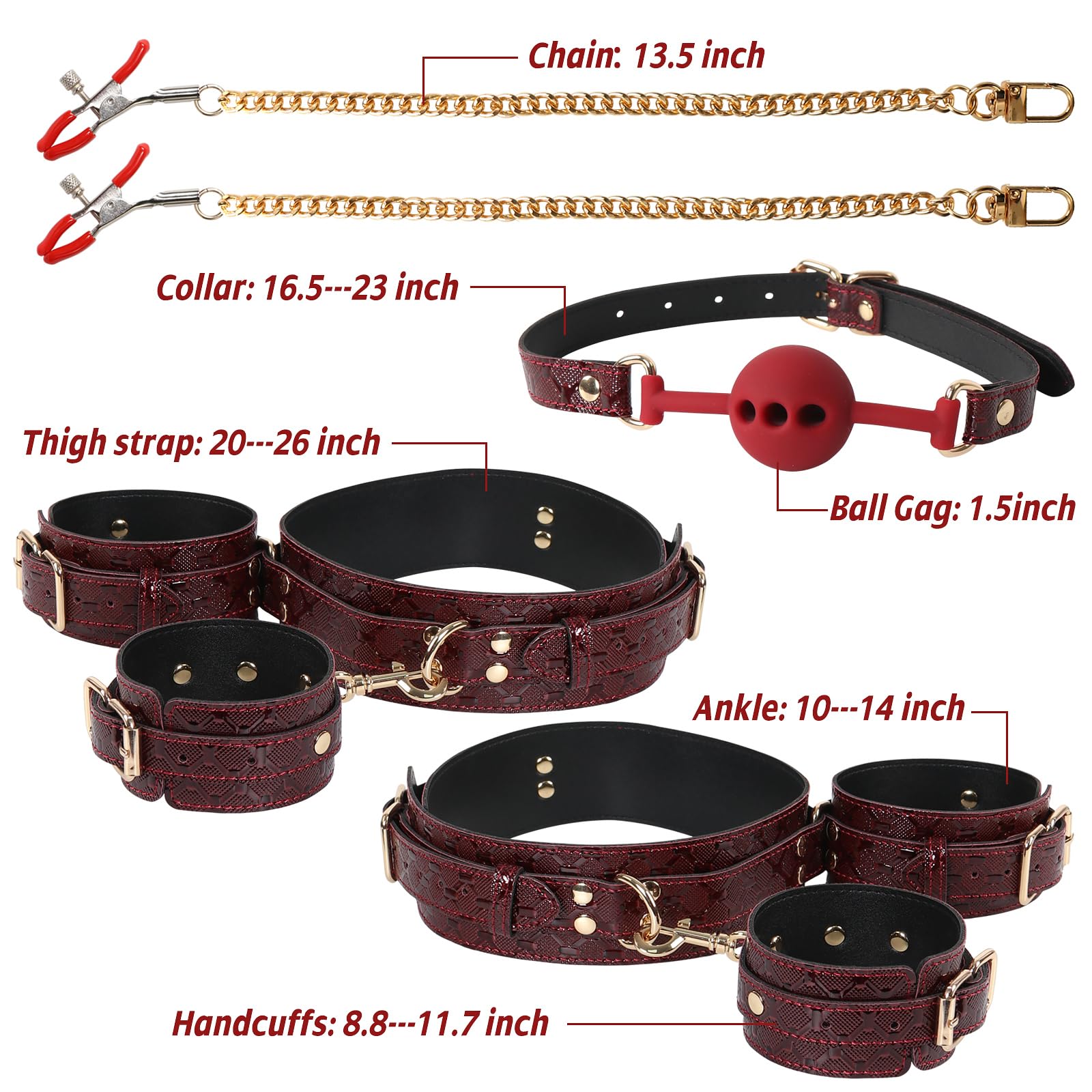 Premium BDSM Bondage Restraints Kit - Adjustable Leather Thigh, Wrist & Ankle Cuffs with Silicone Ball Gag, Nipple Clamps & Red Handcuffs for Couples - Sensual Adult Toys for Spicing Up Bedroom Play & SM Roleplay Games