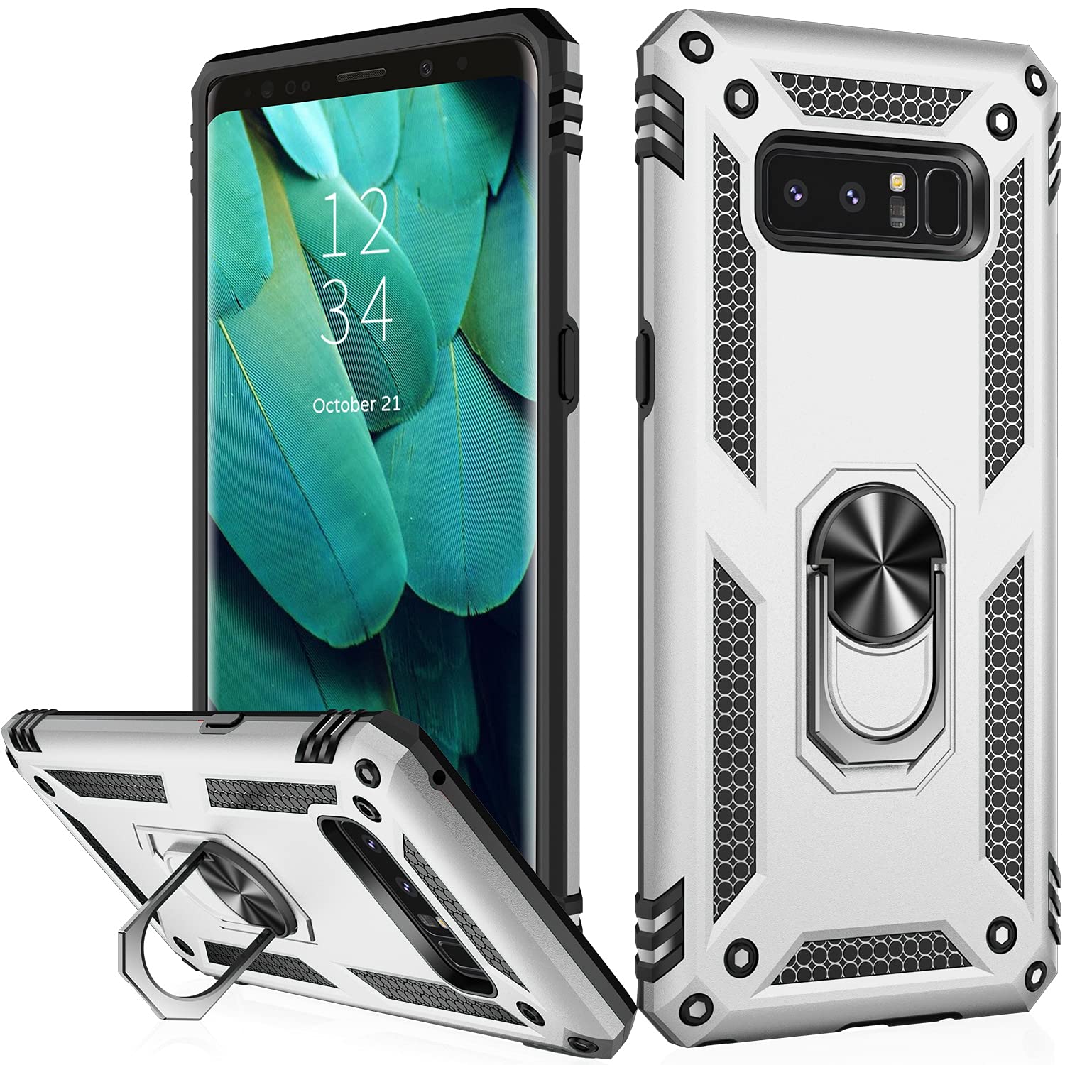 IKAZZ Military Grade Shockproof Protective Case for Samsung Galaxy Note 8 - Heavy Duty Cover with Magnetic Kickstand, 16ft Drop Tested | Perfect for Outdoor Adventures, Work & Daily Protection (Silver)
