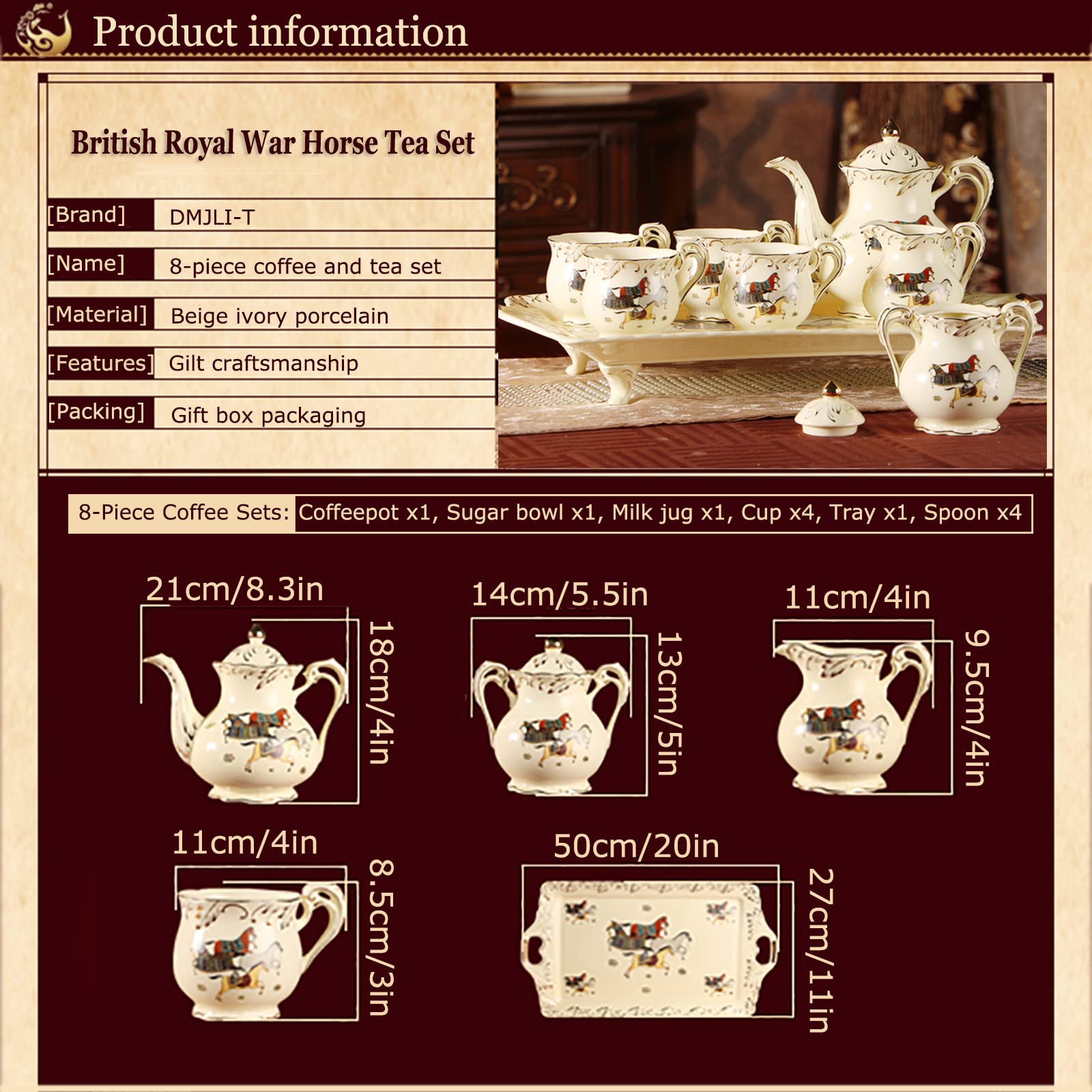 British Royal War Horse Tea Set - 8-Piece Porcelain Coffee & Tea Service with Teapot, Saucers, Sugar Bowl, Milk Jug & Teaspoons in Gift Box | Elegant Peony Design China Ceramic | Perfect for Afternoon Tea, Bridal Showers & Royal-Themed Parties