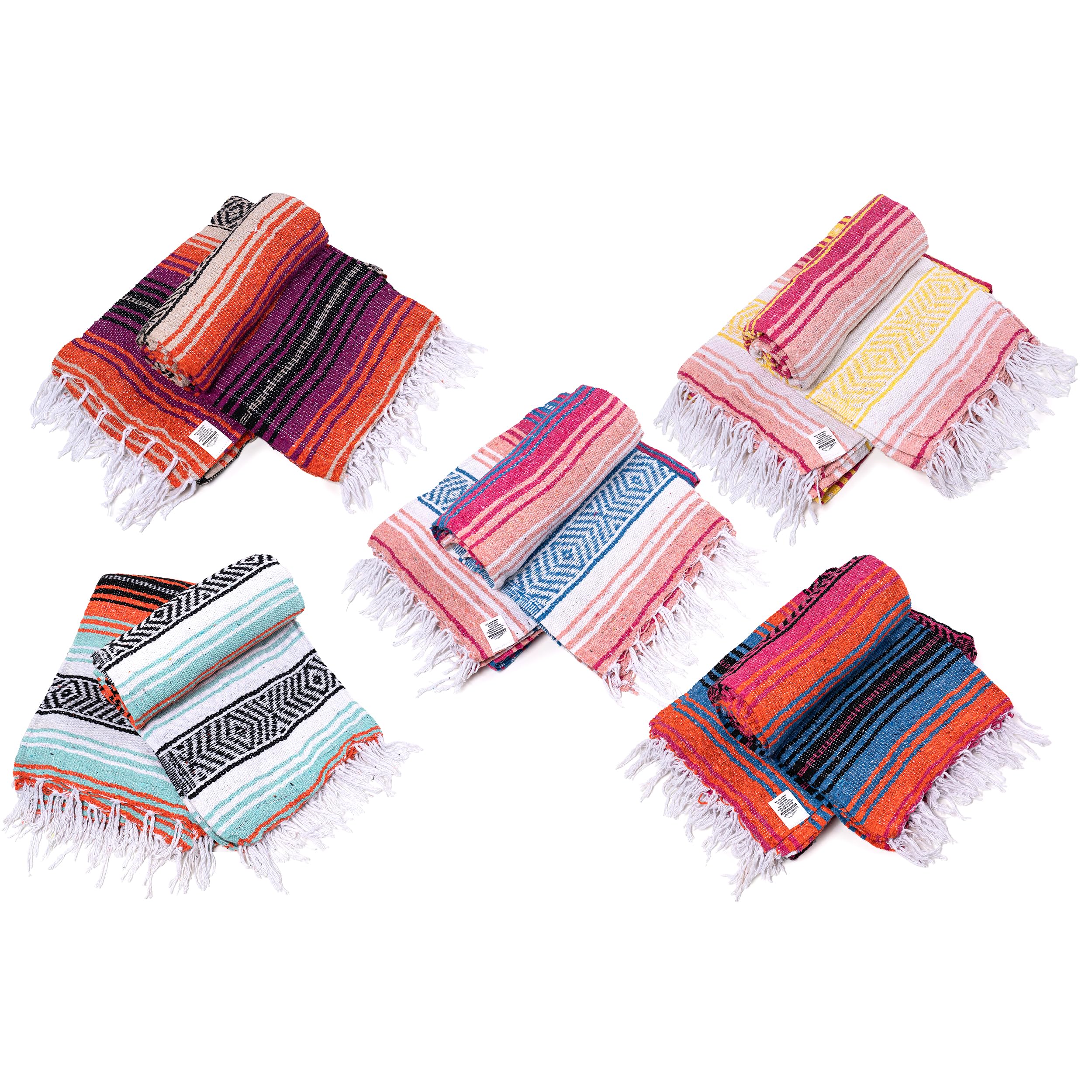 La Montana Authentic Mexican Blankets & Throws - 10 Pack (74x50 Inches) | Handmade in Mexico | Lightweight Yoga Blankets for Meditation, Yoga Studios, Beach, Camping & Picnic | Vibrant Colors | Machine Washable | Perfect for Home Decor, Outdoor Adventures & Gifts