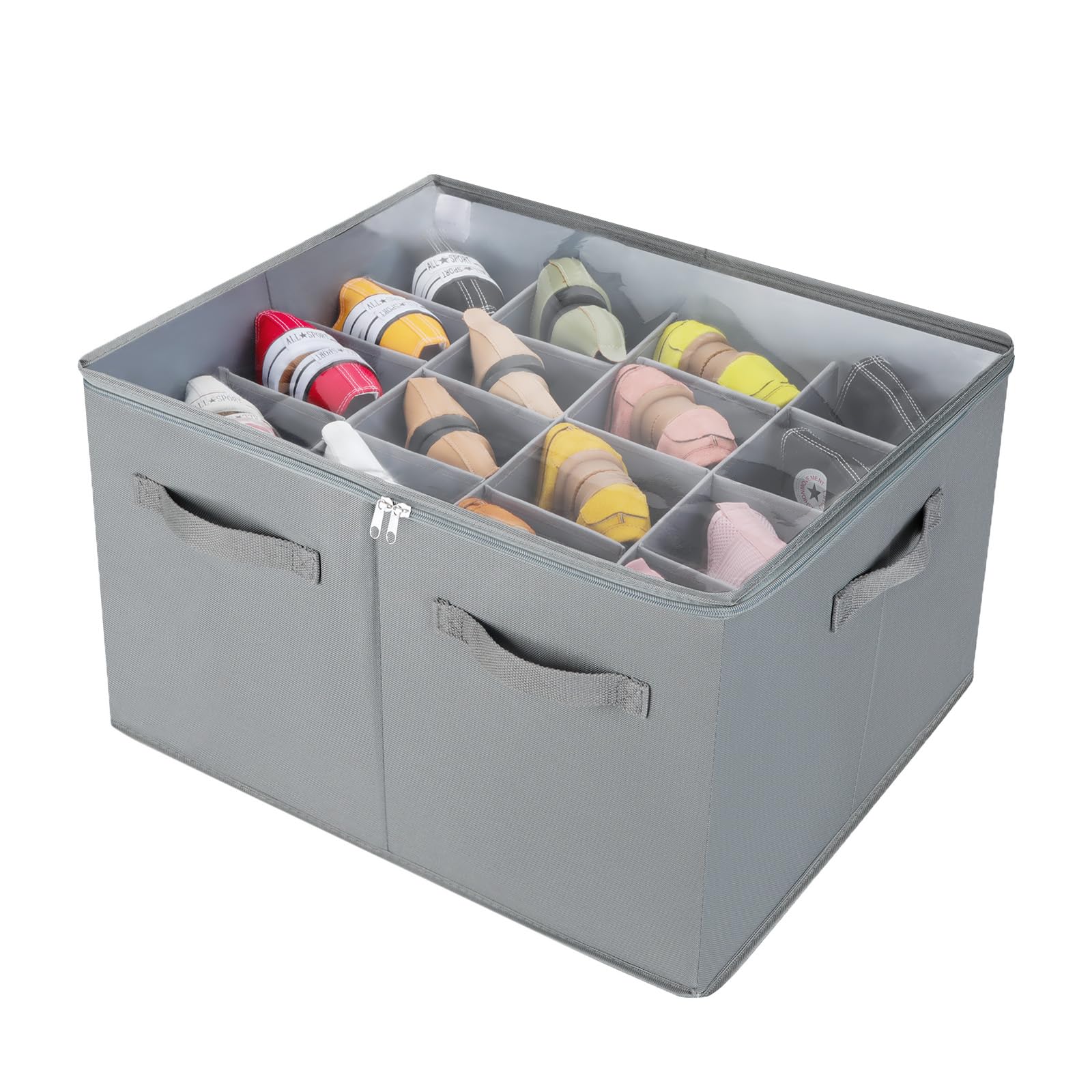 Foldable Shoe Organizer for Closet - Adjustable Dividers & Clear Cover Storage Box | Space Saving Shoe Cabinet with Reinforced Handles (Fits 16 Pairs, Gray) | Perfect for Bedroom, Entryway & Dorm Organization (Model TP09G)