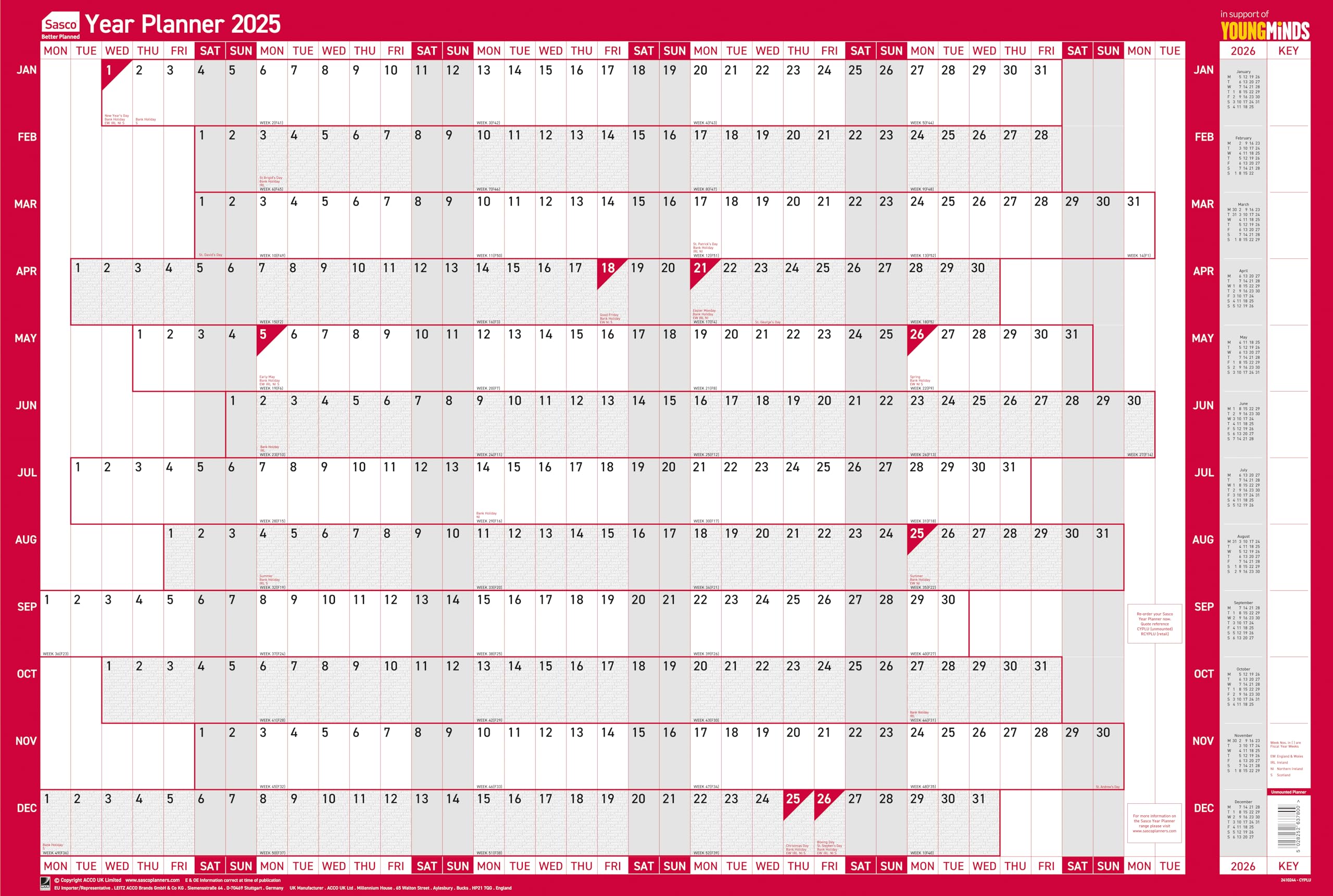 Sasco 2025 Compact Yearly Wall Planner - 24