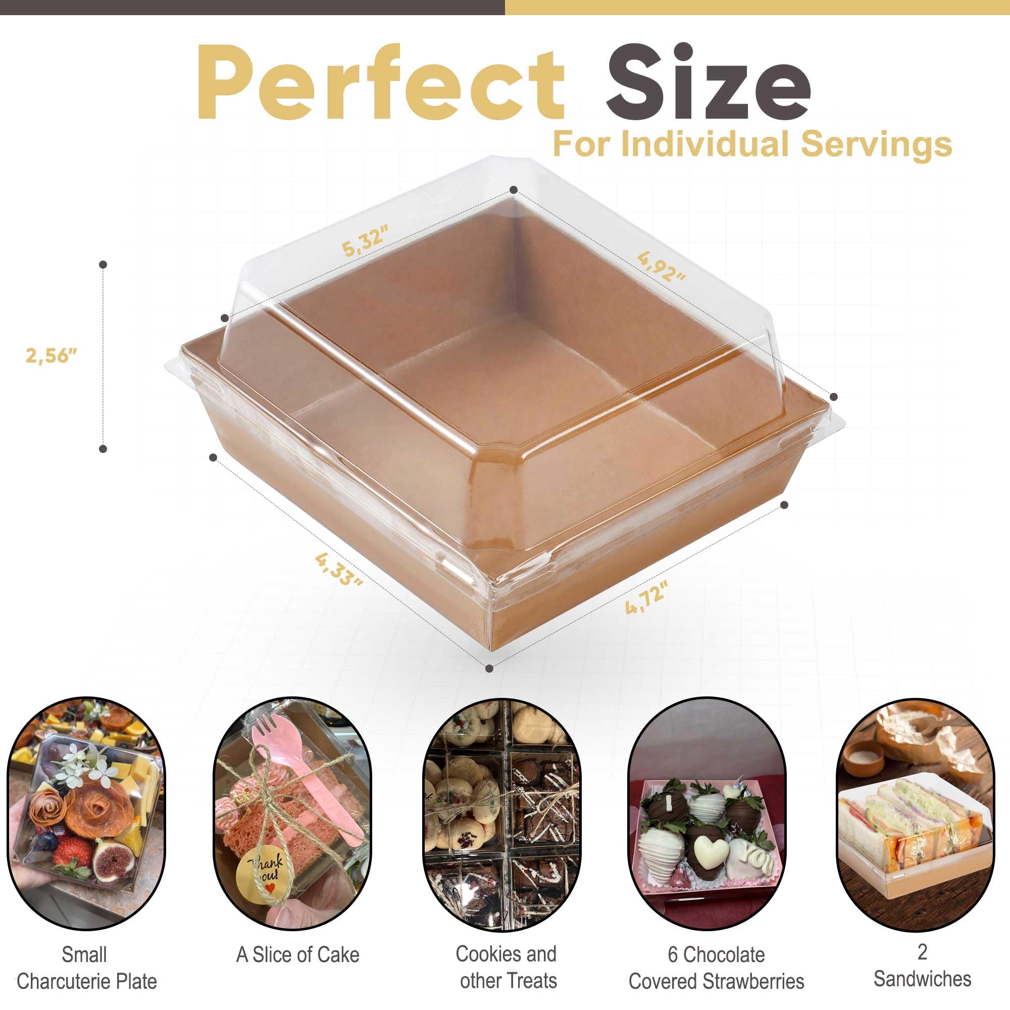 50 Pack Small Disposable Charcuterie Boxes with Clear Lids - 5 Inch Eco-Friendly To-Go Food Containers for Desserts, Sandwiches, Cookies, Sushi & Cake Slices | Perfect for Parties, Picnics, Catering & Holiday Gift Packaging (Brown)