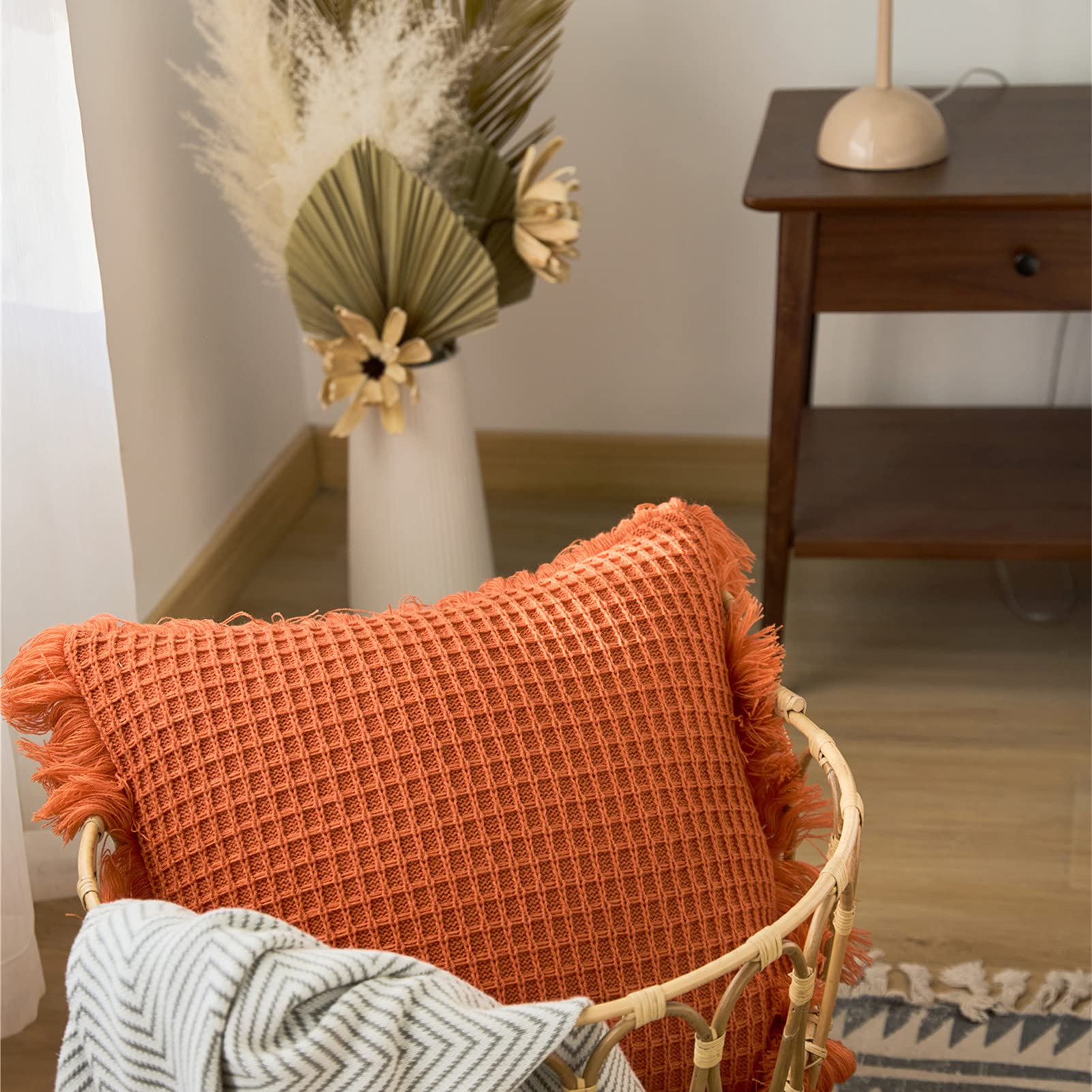 Decorative Knitted Pillow Sham with Tassels - Checkered Cushion Cover in Soft Warm Knit Pattern (Orange) - Perfect for Sofa, Bedroom Decor & Cozy Home Accessories