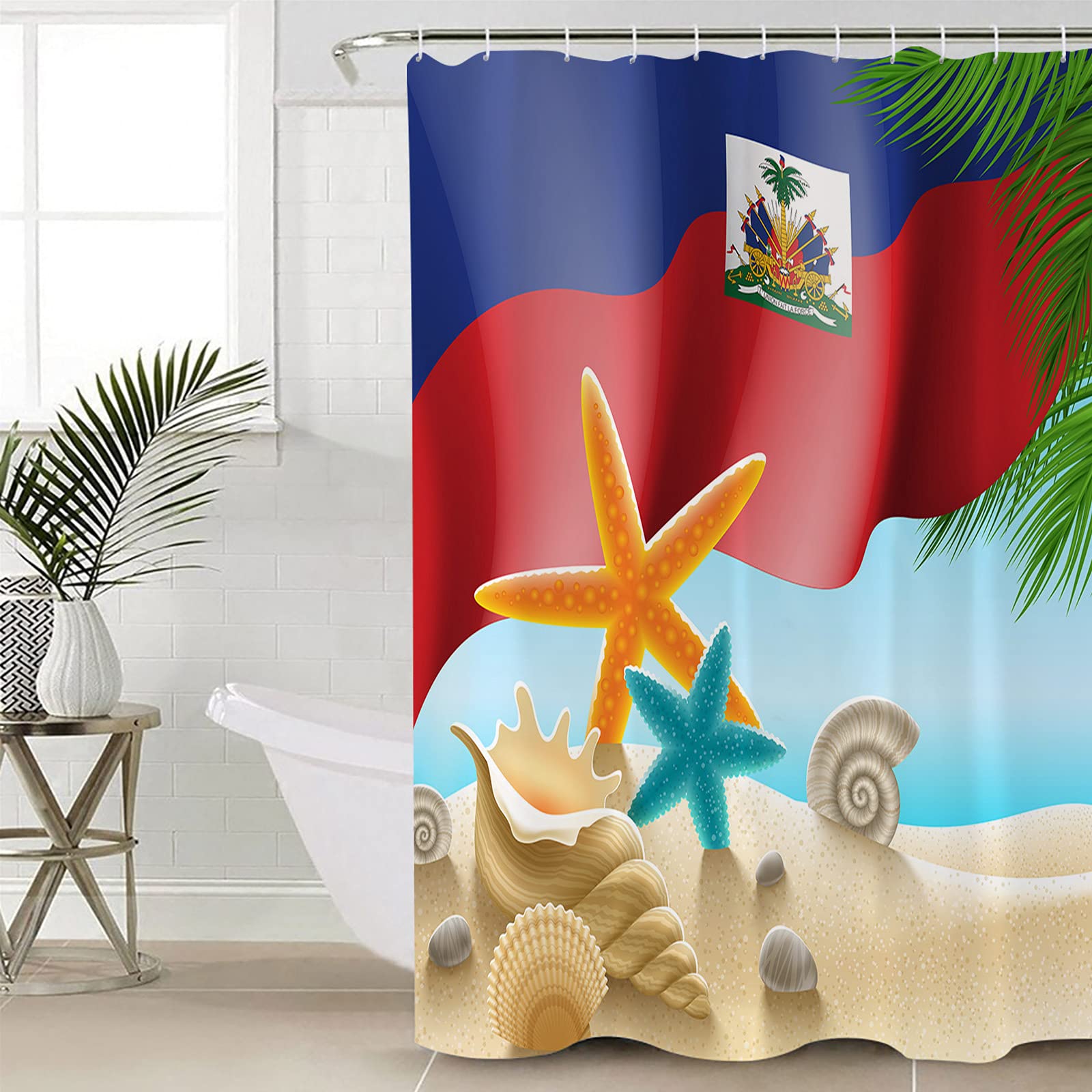 Haitian Flag Shower Curtain - Waterproof Beach Starfish Shells Bathroom Decor, Washable Polyester Fabric with Hooks 48x72 inches - Perfect for Coastal Themed Bathrooms & Vacation Rental Decor