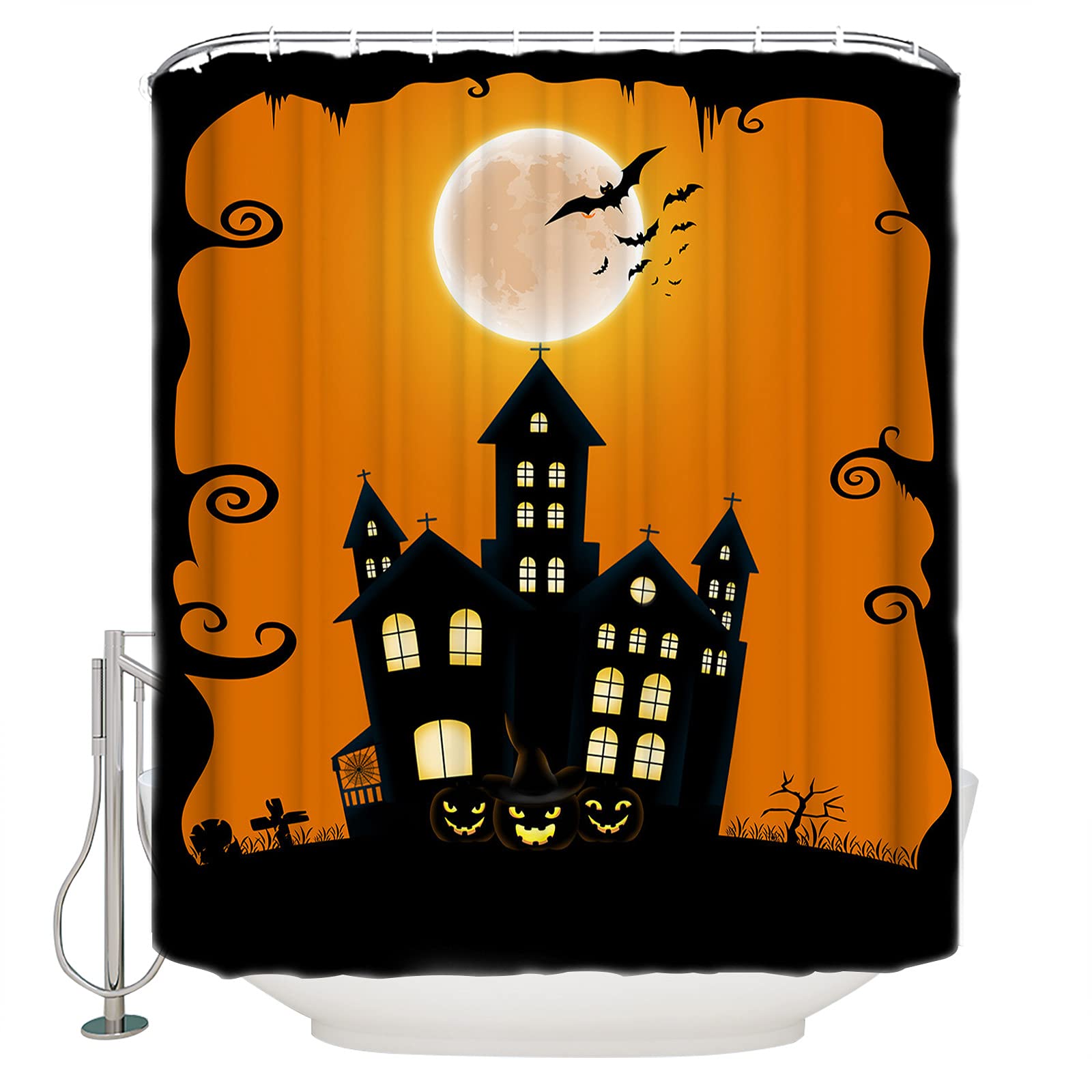 Waterproof Horror Castle Halloween Shower Curtain Set with Hooks - 60x72 Inch Bathroom Decor for Bathtub & Shower - Perfect for Halloween Party & Gothic Home Decoration