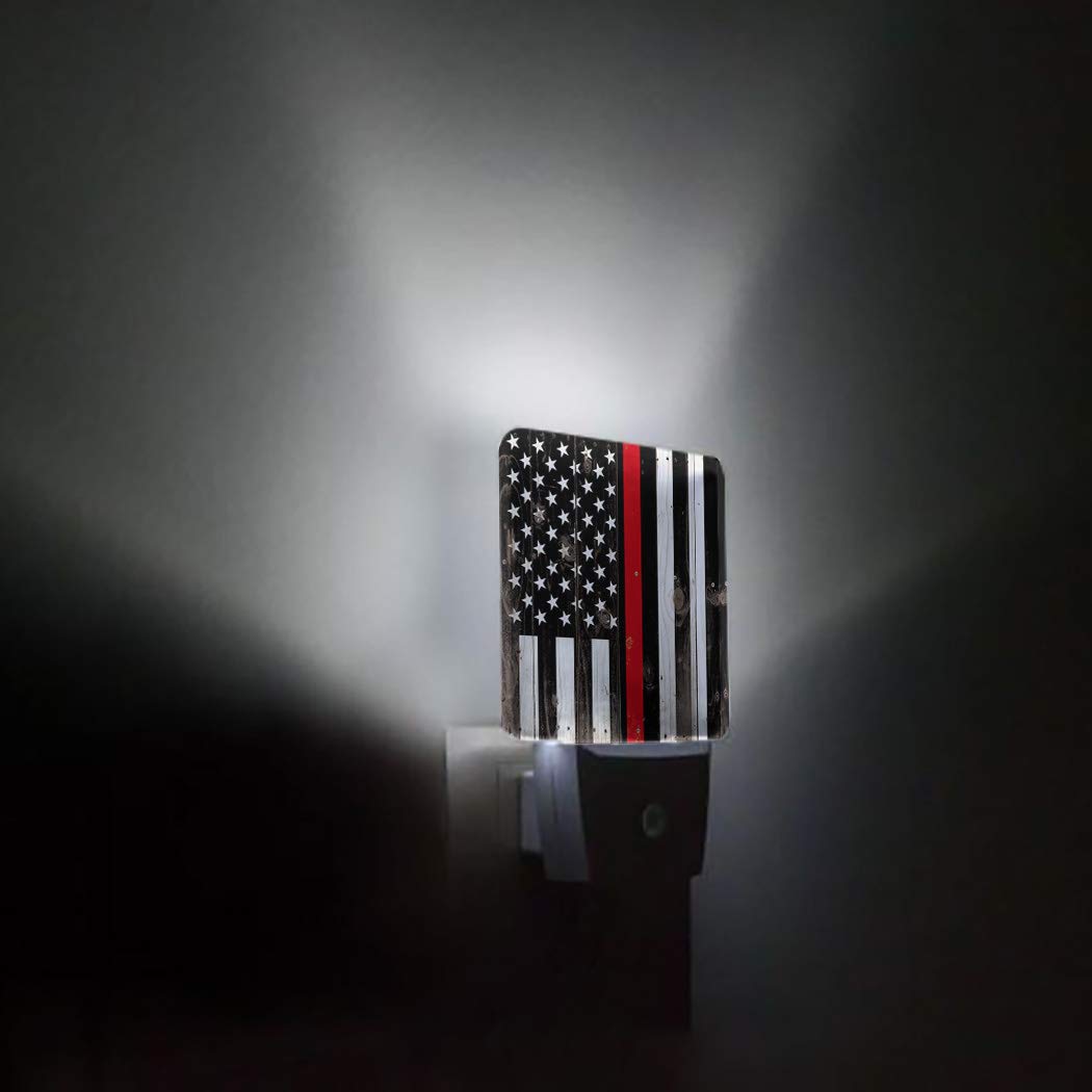 USA Flag LED Night Light with Auto Sensor - Thin Red Line Firefighter Respect Plug-in Wall Lamp for Bedroom, Hallway, Kids & Adults | Bright Square Night-Lights for Home Decor & Safety