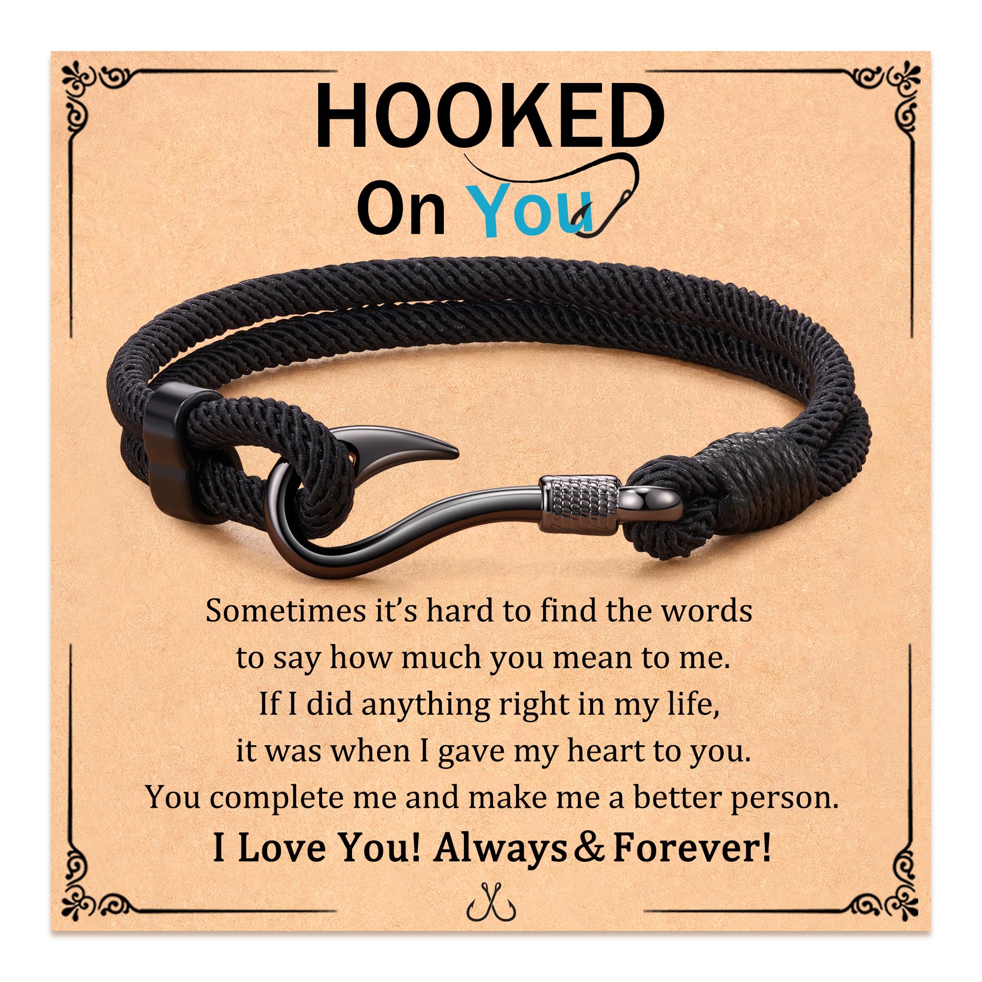 Fish Hook Bracelet for Men - Hooked on You Jewelry Gift for Husband, Boyfriend - Christmas, Anniversary, Valentine's Day, Birthday Present - Perfect for Fishing Enthusiasts & Outdoor Lovers