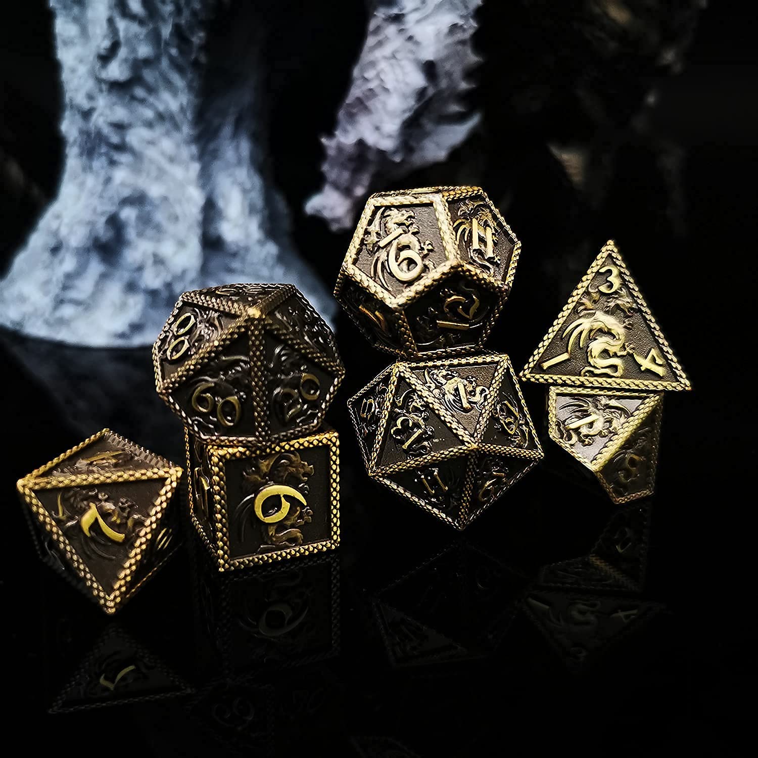 HAOMEJA 7-Piece Dragon Pattern Metal Dice Set for D&D - Ancient Bronze DND Dice for Dungeons & Dragons, RPG Tabletop Games & Collectors