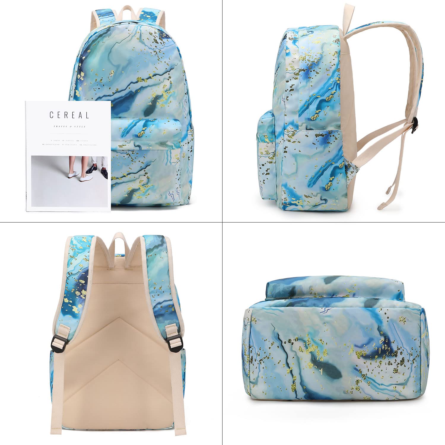 Waterproof School Backpack Set with Lunch Box & Pencil Case - Durable 14 Inch Laptop Backpack for College Students, Daypack Bookbag - Perfect for School, Travel & Daily Commute (Marble Blue)