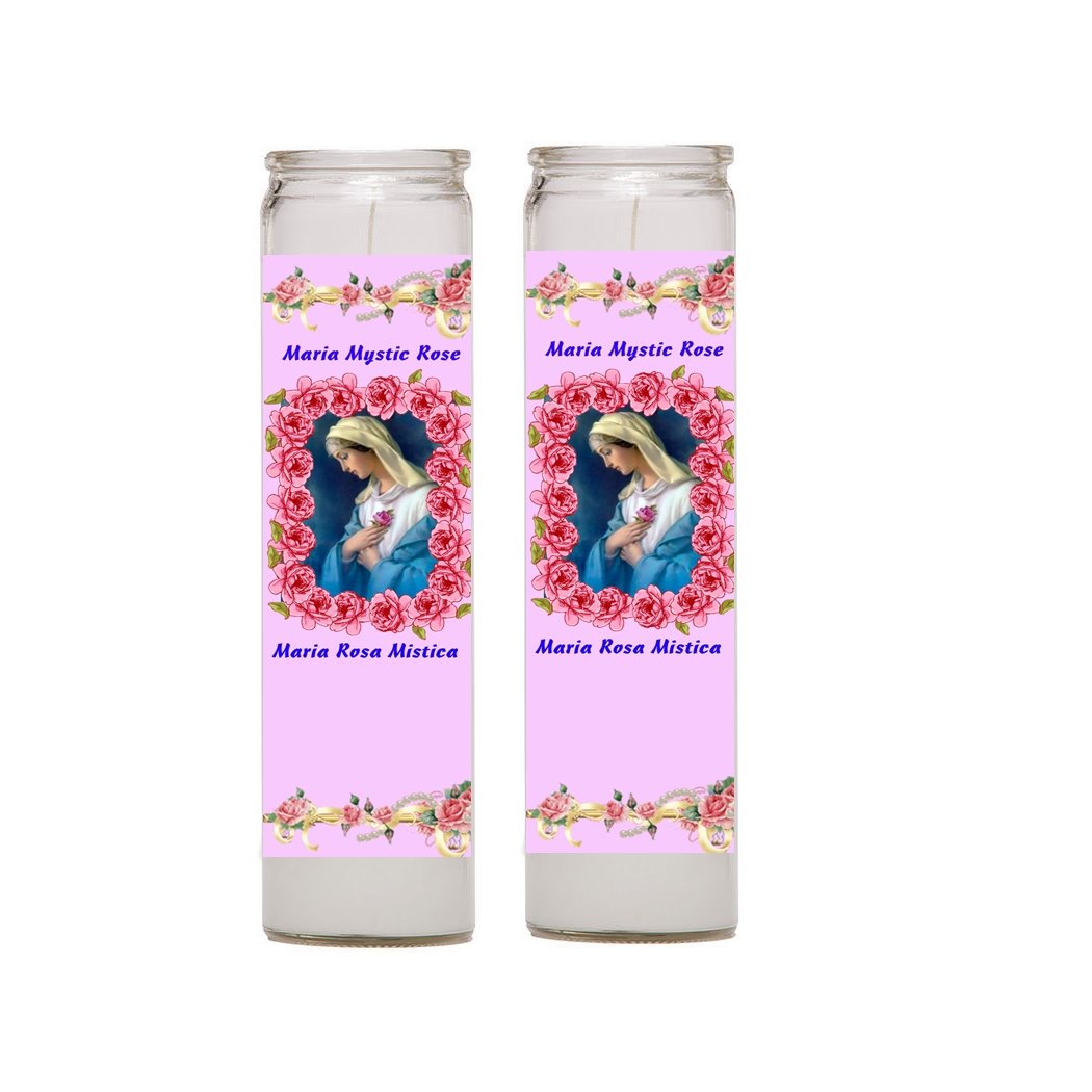 Mystic Rose Rosa Mistica 2 Prayer Candles - Bilingual English/Spanish Prayer Candles with Red Crystal Rosary Beads - Perfect for Home Altars, Religious Ceremonies & Spiritual Meditation
