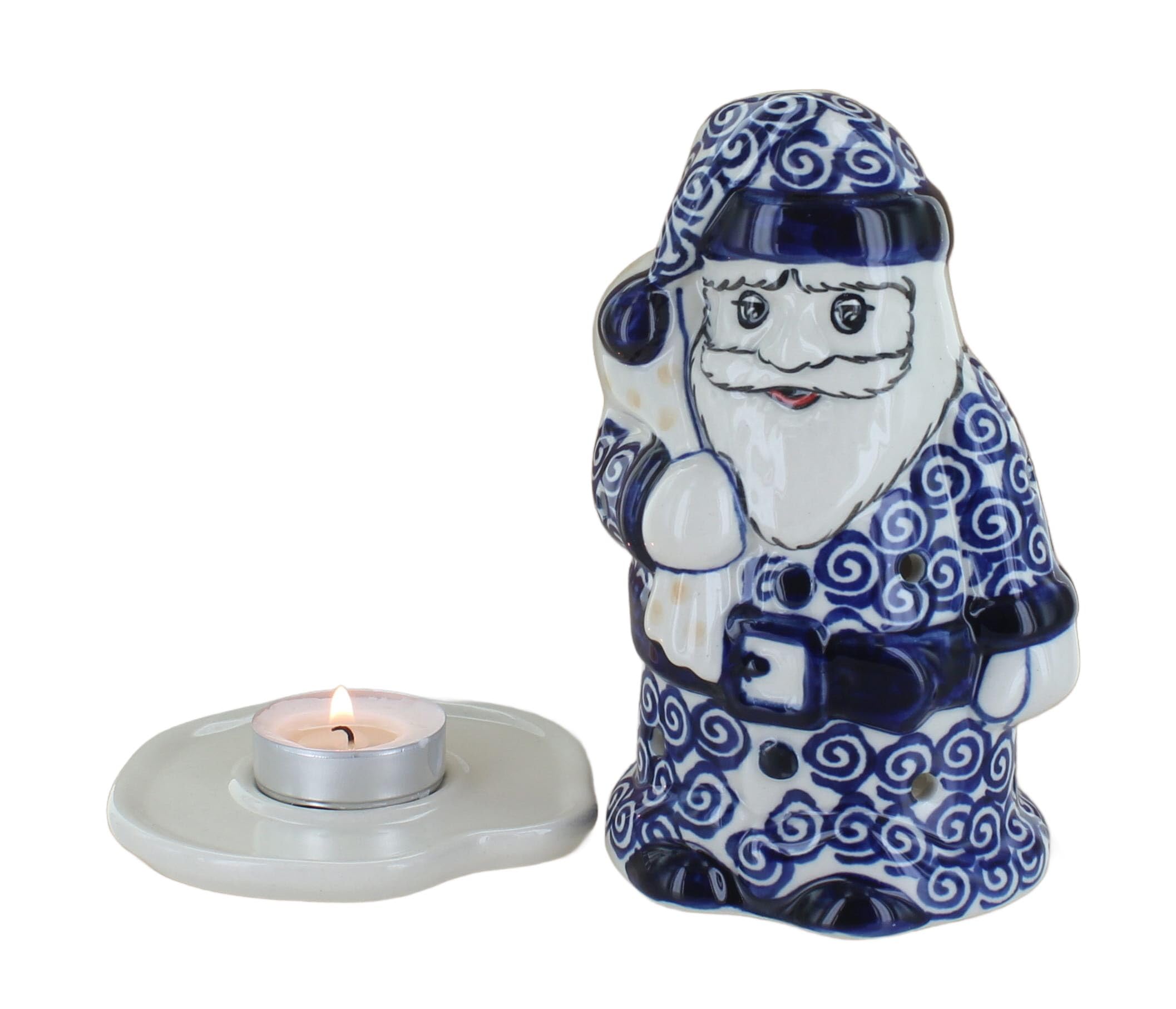 Blue Rose Polish Pottery Garden Bouquet Santa Luminary - Handcrafted Ceramic Christmas Decoration for Home, Holiday Decor & Gift Giving