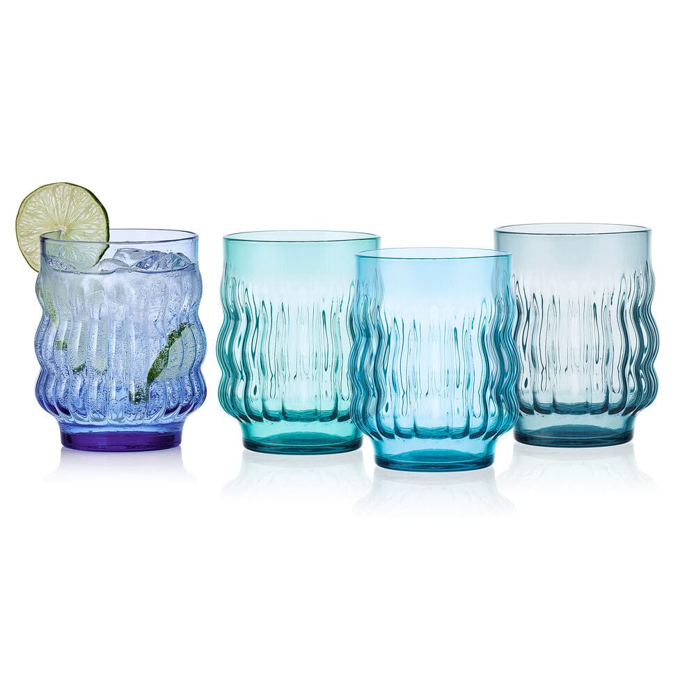 Set of 4 Blue Waves Stackable Double Old Fashioned Glasses - Perfect for Cocktails, Whiskey & Home Bar Decor