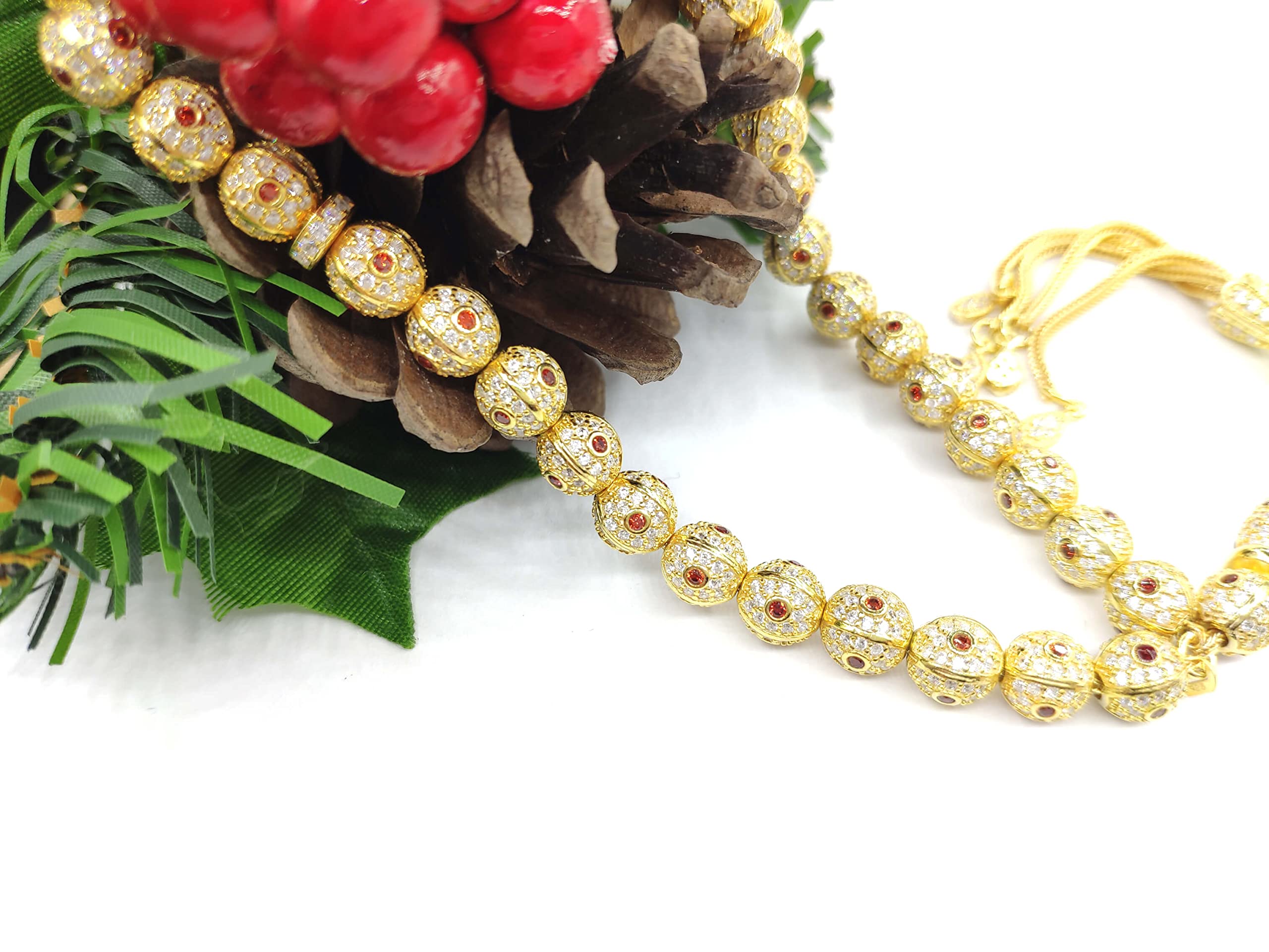 925 Sterling Silver Gold Plated Red Turquoise Green Zirconia Round Beads Prayer Rosary - Islamic Tasbih, Christian Rosary, Buddhist Mala & Worry Beads for Meditation, Stress Relief & Spiritual Practice (Red)