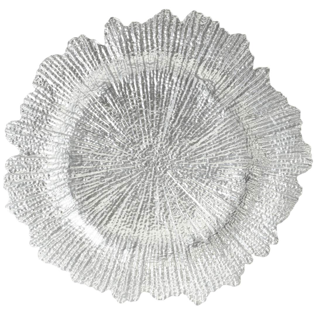 Koyal Wholesale Bulk Flora Glass Charger Plates - Set of 4 Silver Starburst & Reef Design - Elegant Dinnerware for Wedding, Party & Holiday Decor - Perfect for Table Setting & Home Decoration