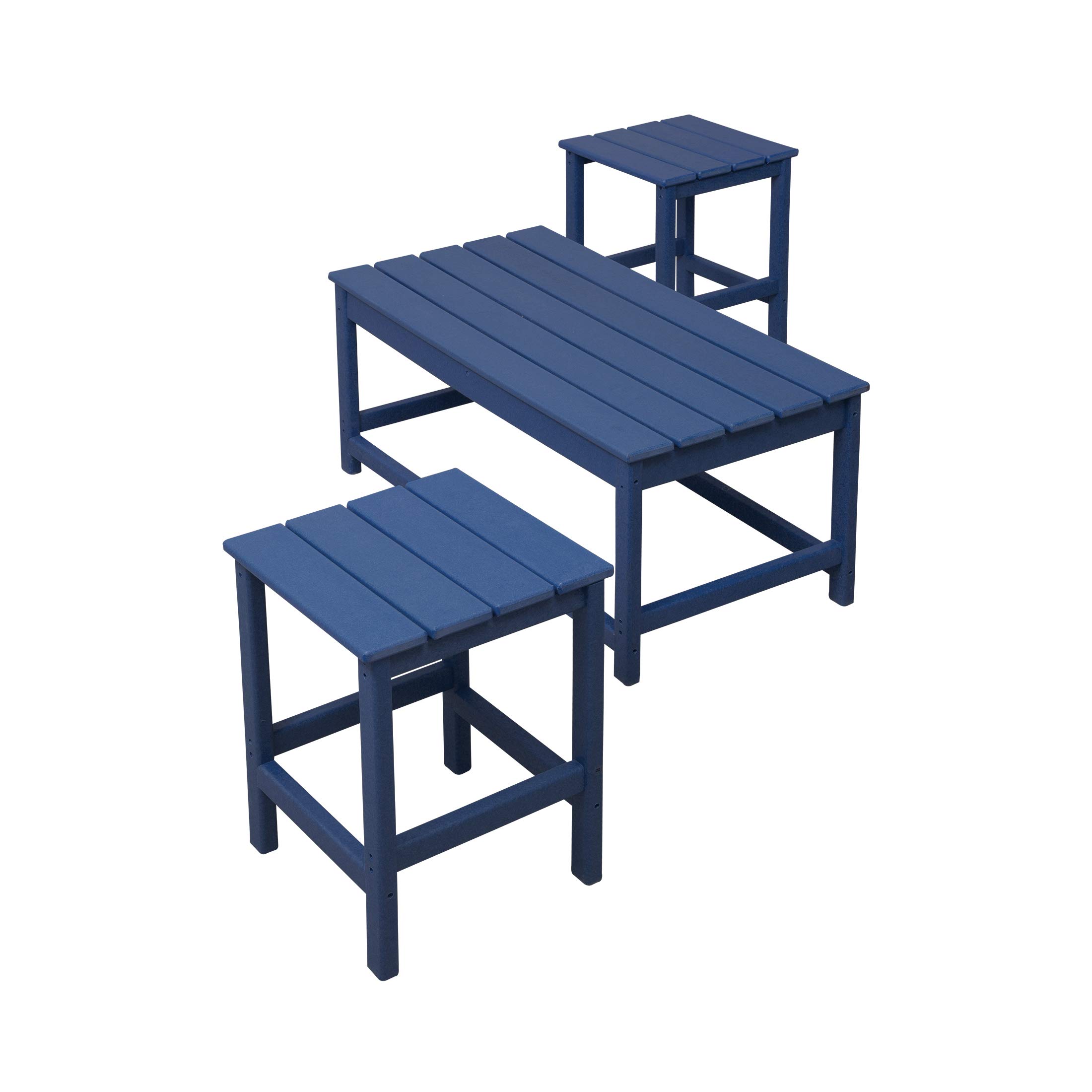 HDPE Outdoor Coffee Table Set - 2 Side & 1 Coffee Table for Patio, Garden, Backyard - Navy Blue