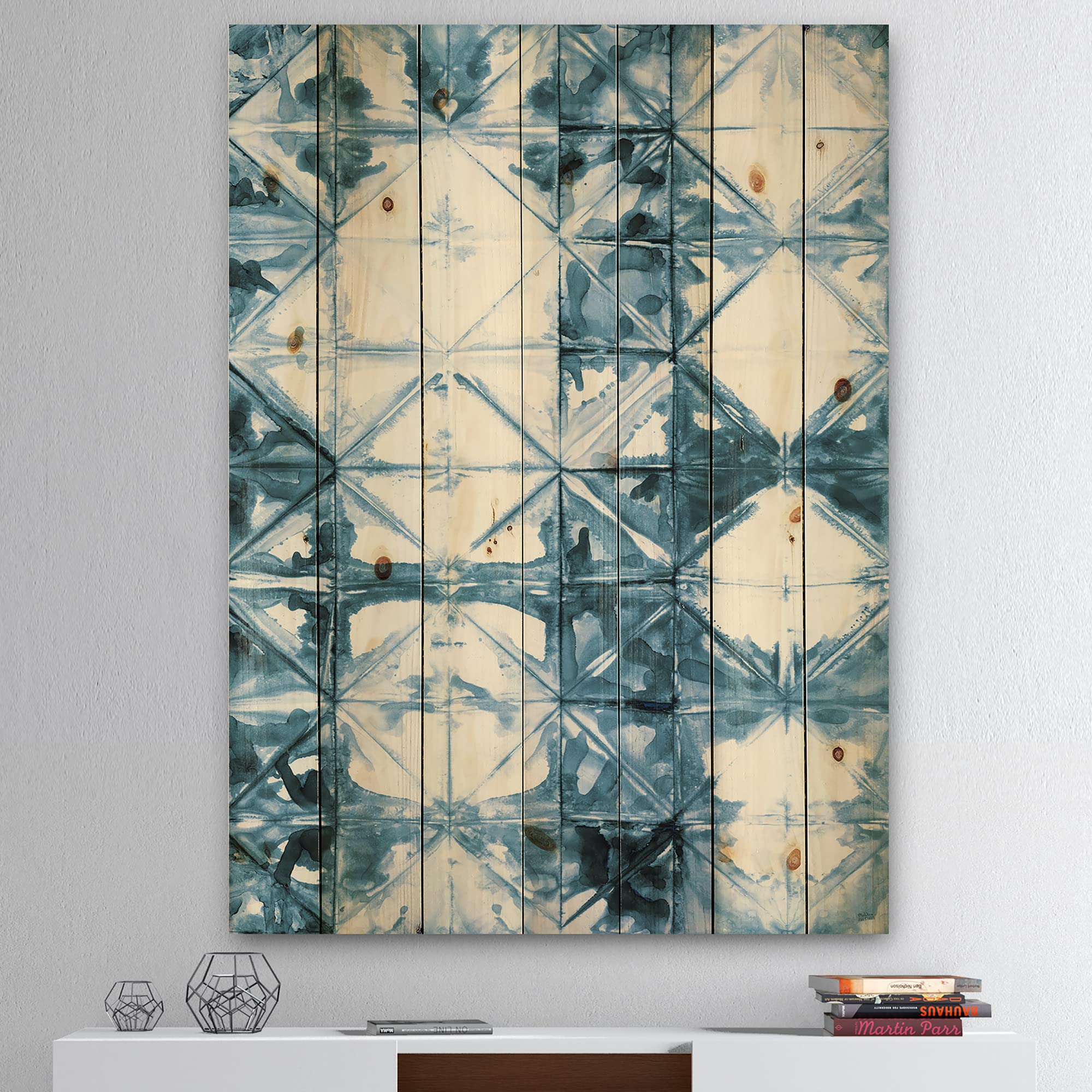 Mid-Century Modern Wood Wall Art - Blue Abstract Geometric Design for Home Decor