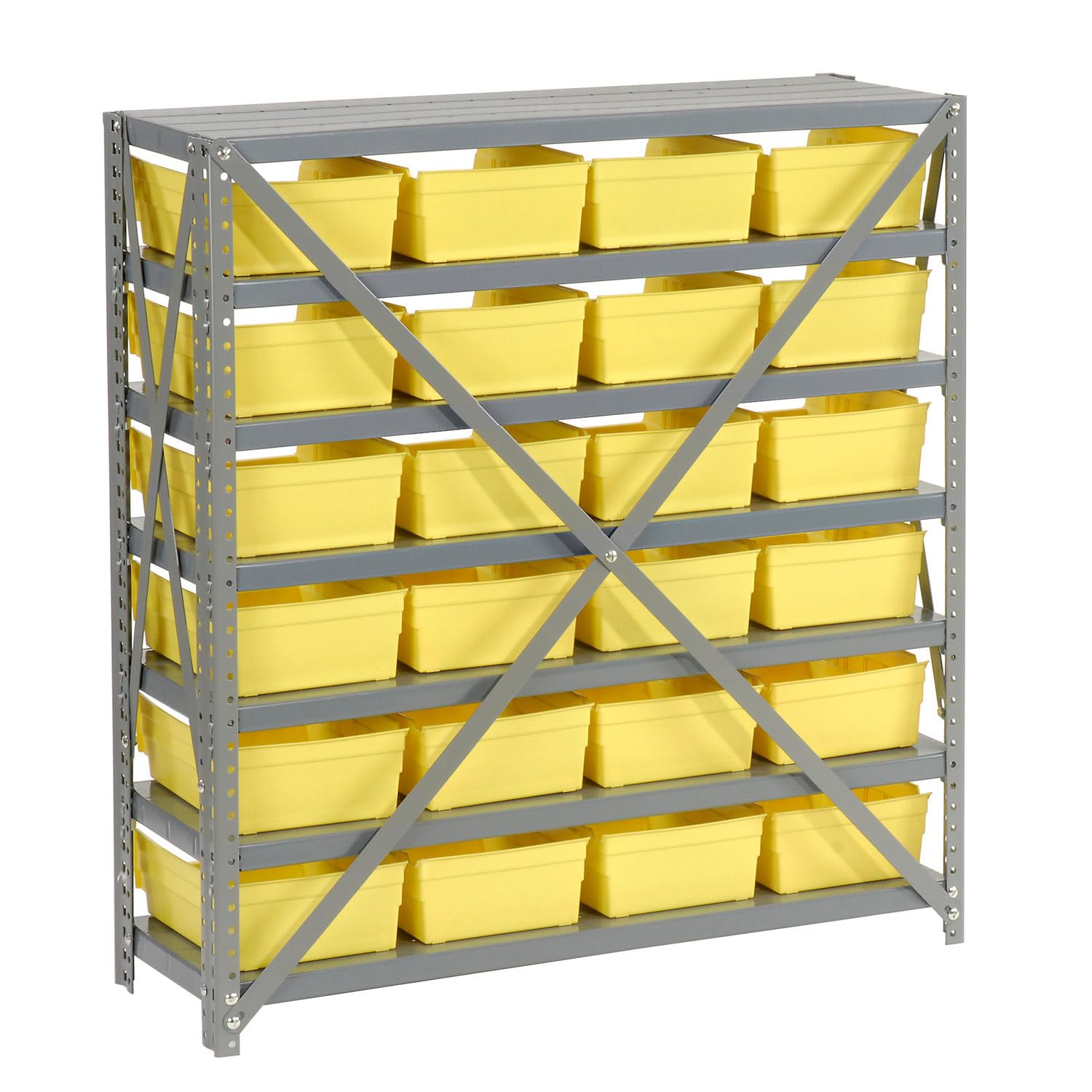 7-Shelf Steel Storage Rack with 24 Plastic Bins - Heavy Duty Industrial Shelving Unit, 36x12x39 Inches, Yellow - Perfect for Warehouse, Garage & Retail Organization