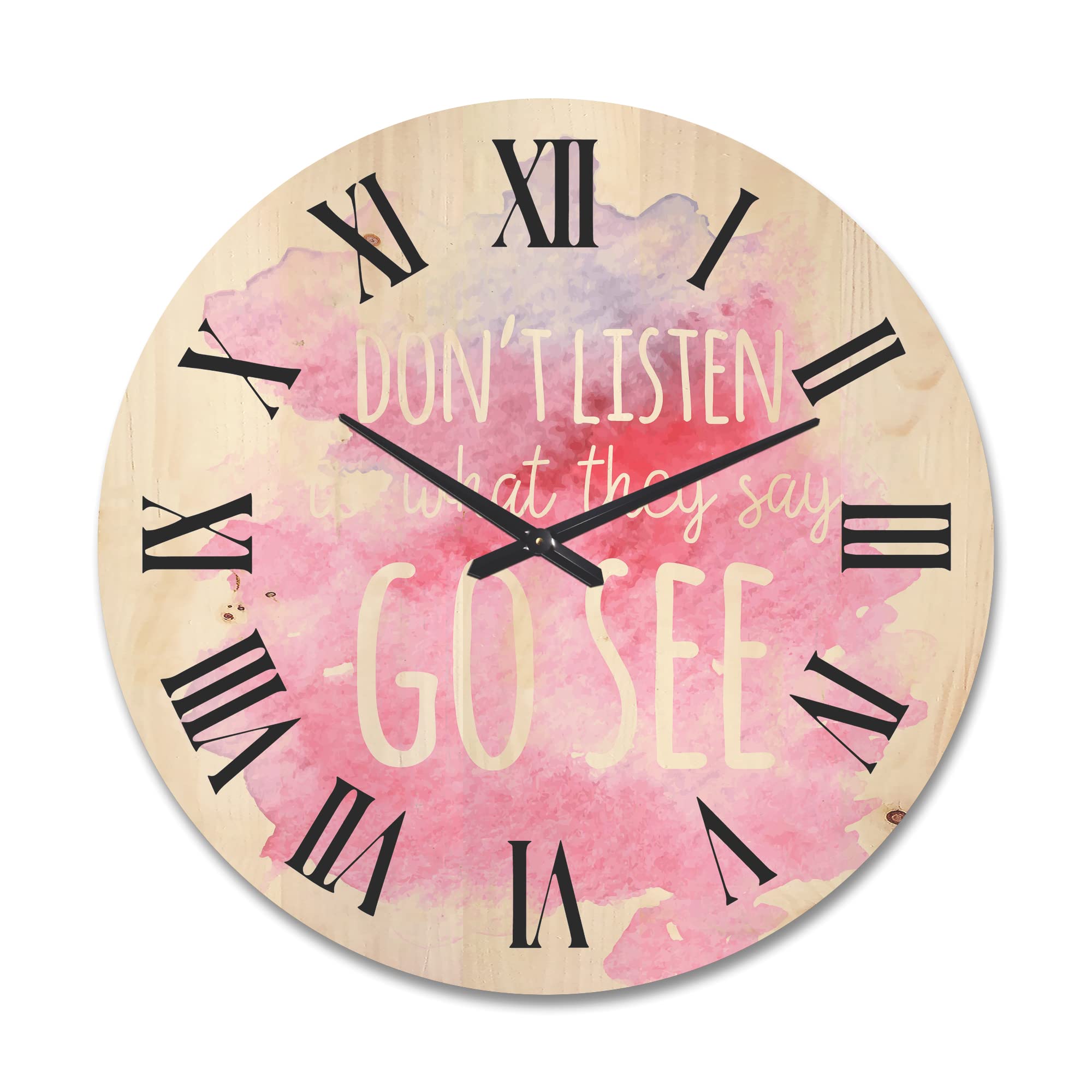 DesignQ Large Wood Wall Clock with Inspirational Quote 'Don't Listen to What They Say Go See' - Pink Background Traditional Oversized Decorative Wall Clock for Living Room, Bedroom & Office Décor | Perfect Motivational Gift for Home & Workspace