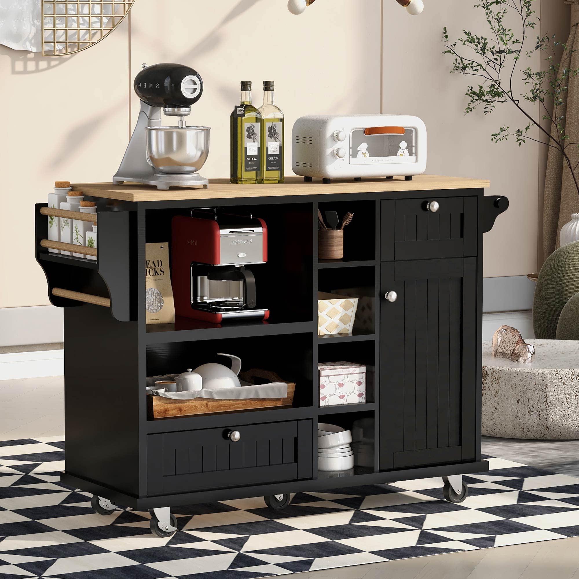 LUMISOL Rolling Kitchen Island Cart with Wheels, Microwave Shelf & Storage Cabinet - Mobile Buffet Server Cart for Small Kitchen, Dining Room & Apartment Use