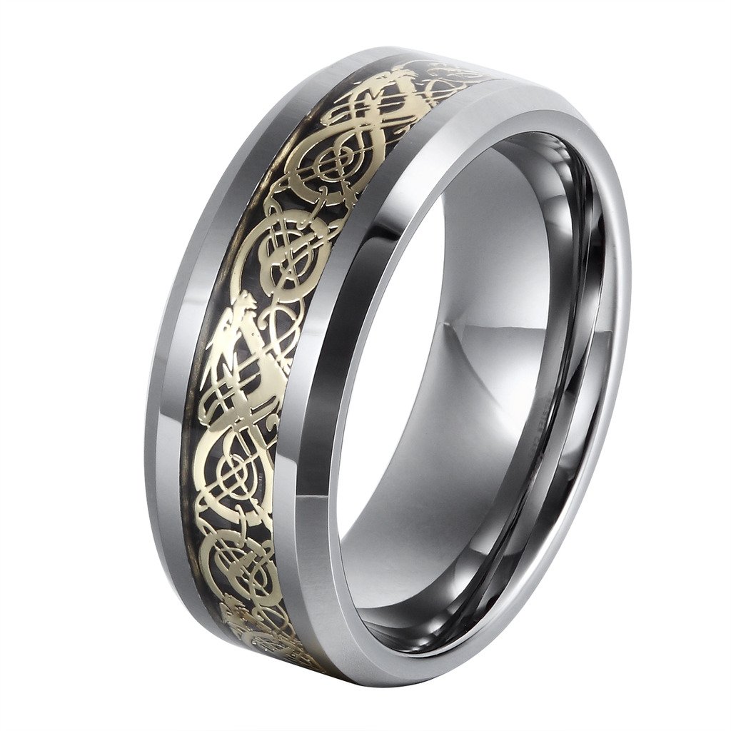8MM Tungsten Celtic Dragon Inlay Ring - Polished Beveled Edge Wedding Band for Men & Women, Size 7-14 (Perfect for Couples, Thumb Rings, or Tail Rings) - Durable & Stylish Jewelry for Everyday Wear, Gifts & Special Occasions