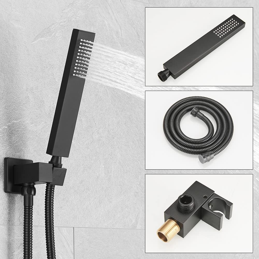 10 Inch Ceiling Mounted Rain Shower System - Matte Black Rainfall Shower Head with Mixer Valve and Rough-in Trim - Perfect for Modern Bathroom Renovations and Spa-Like Shower Experiences