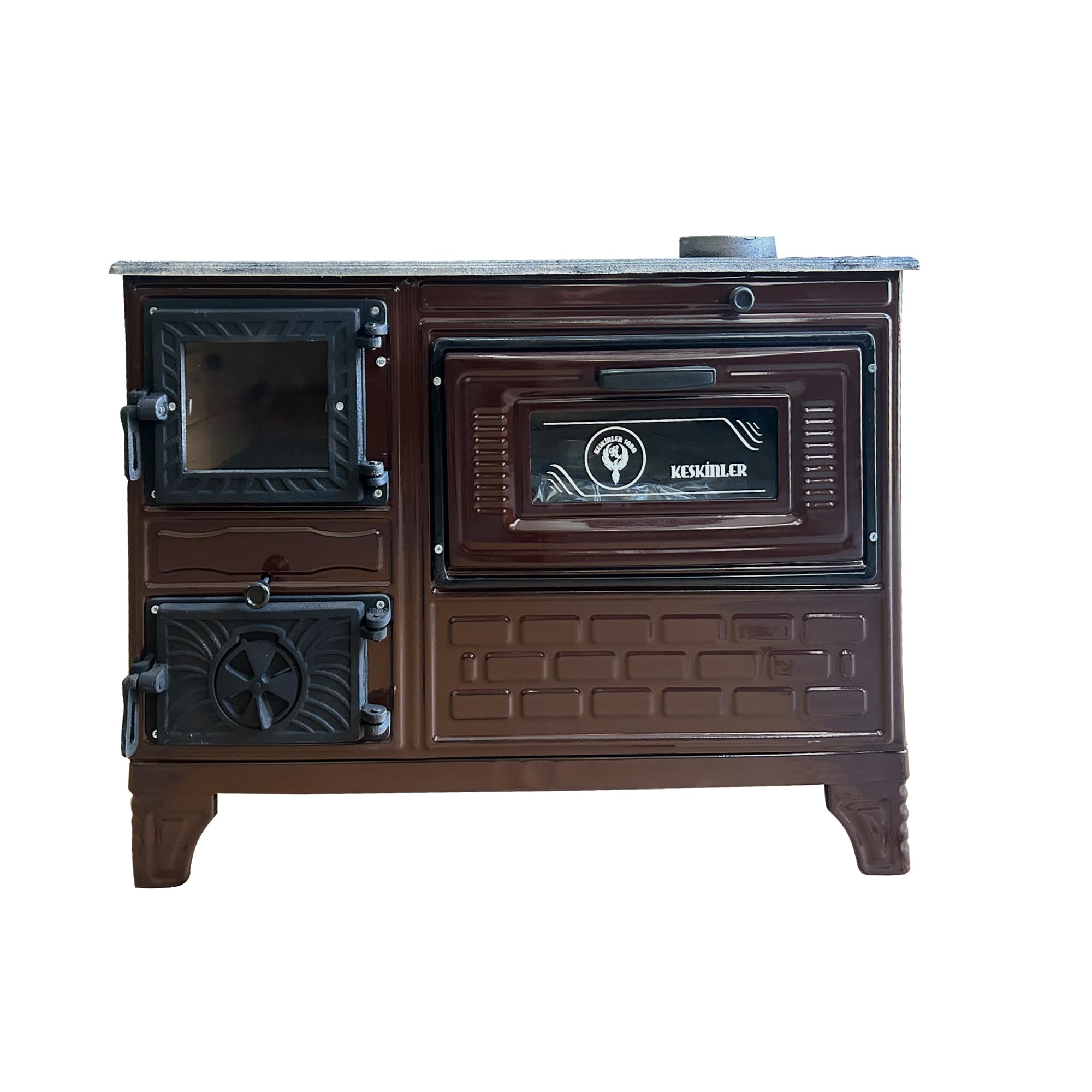 **Cast Iron Wood Stove with Oven - Efficient Fireplace for Baking, Cooking & Heating - Tiny House & Cabin Stove with Brick Lining (Brown with Window) - Perfect for Cozy Homes, Off-Grid Living & Outdoor Adventures**