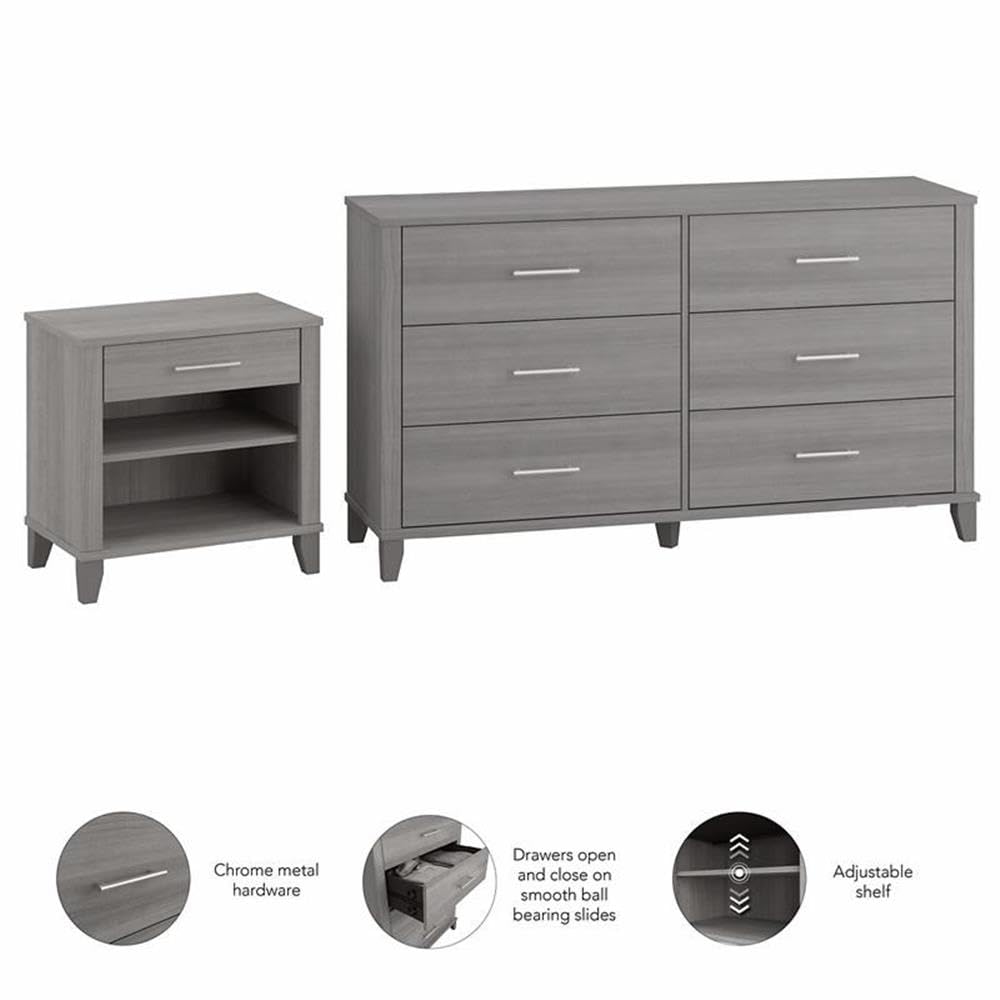 Bush Furniture Somerset 6-Drawer Dresser and Nightstand Set for Bedroom - Platinum Gray | Modern Storage Solution for Master Bedroom, Guest Room & Dorm Organization