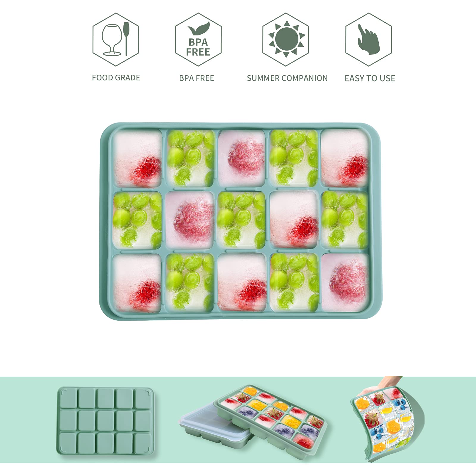 Premium Silicone Ice Cube Trays Set of 2 - BPA Free, Flexible & Easy Release with Removable Lids - Reusable Freezer Ice Molds for Whiskey, Cocktails, Baby Food & Beverages - Stackable Design for Space Saving (Bamboo Green) - Perfect for Home Bars, Parties & Daily Kitchen Use