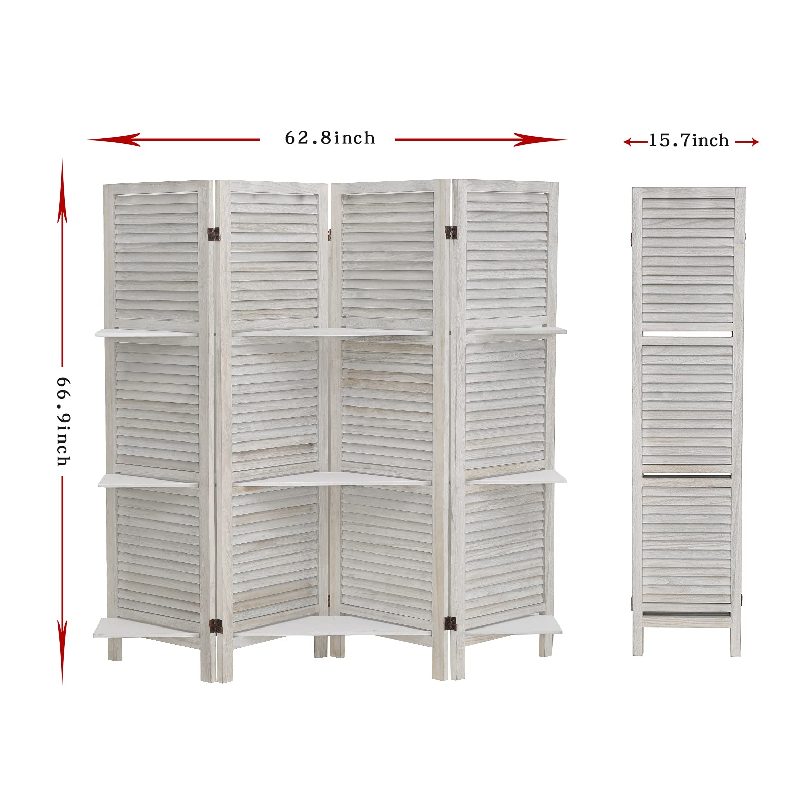 ECOMEX 4-Panel Room Divider with Shelves - White Folding Privacy Screen & Wall Partition for Bedroom, Home Office, Studio - Portable Space Divider for Home Decor, Yoga Studio & Small Apartment Living