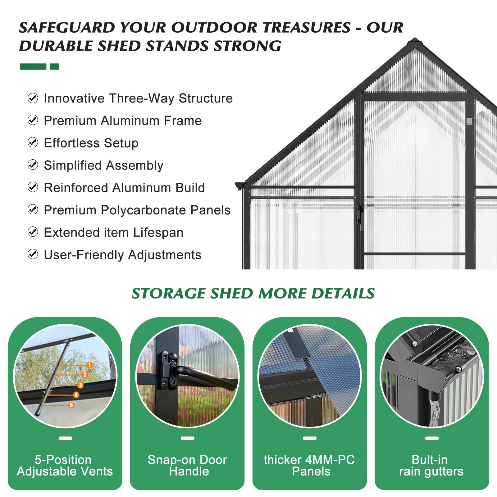 8x6 FT Heavy Duty Polycarbonate Greenhouse Kit - Walk-in Aluminum Frame with Quick Setup, Rain Gutter & Ventilation Window - Outdoor Garden Greenhouse for Backyard, Plants, Vegetables & Flowers - Perfect for Year-Round Gardening, Seed Starting & Plant Protection