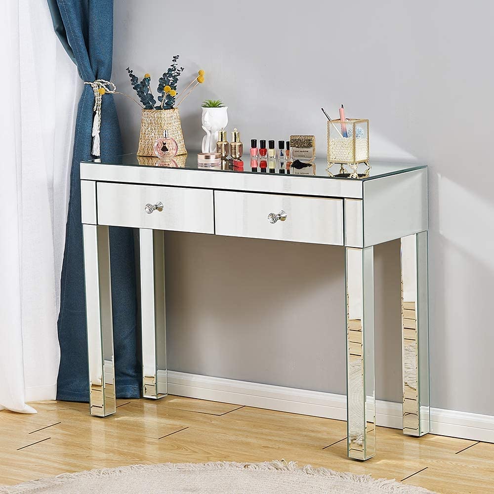 Silver Mirrored Console Table with 2 Drawers - 39