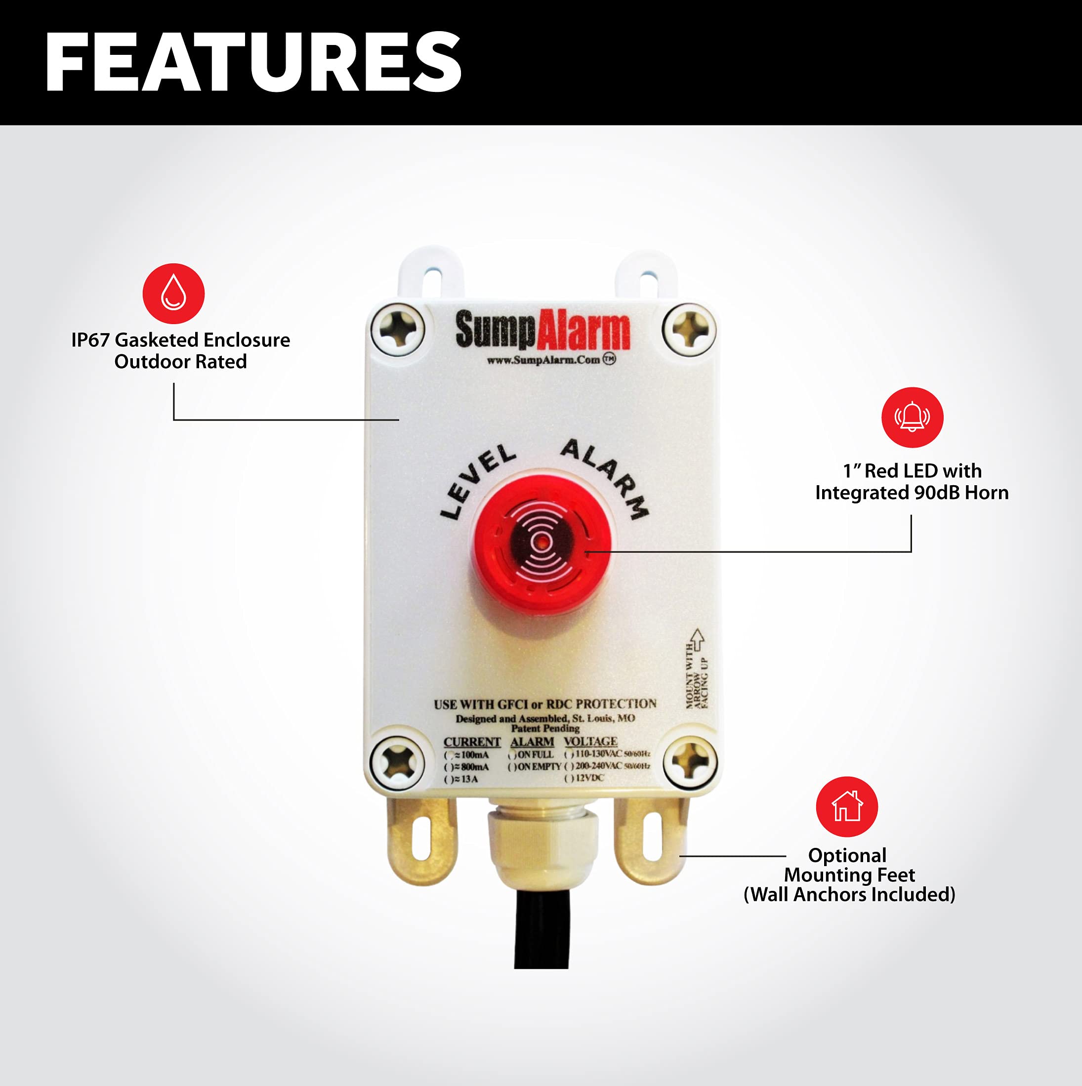 High Water Alarm for Sump Pump & Septic Tank - 90dB Weatherproof Audible Alarm with 100ft Float Switch - Indoor/Outdoor Flood Detection - Ideal for Basements, Crawl Spaces & Septic Systems