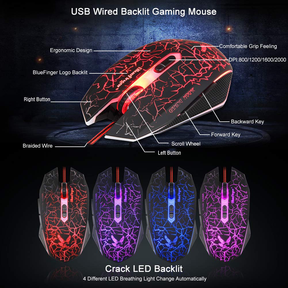 BlueFinger Gaming Combo - Keyboard, Mouse & Headset with LED Backlight for PC Gaming & Work