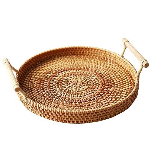 Hand-Woven Rattan Storage Basket with Handle - Round Wicker Tray for Bread, Fruits & Food Display - Perfect for Kitchen Countertop, Dining Table & Breakfast Serving
