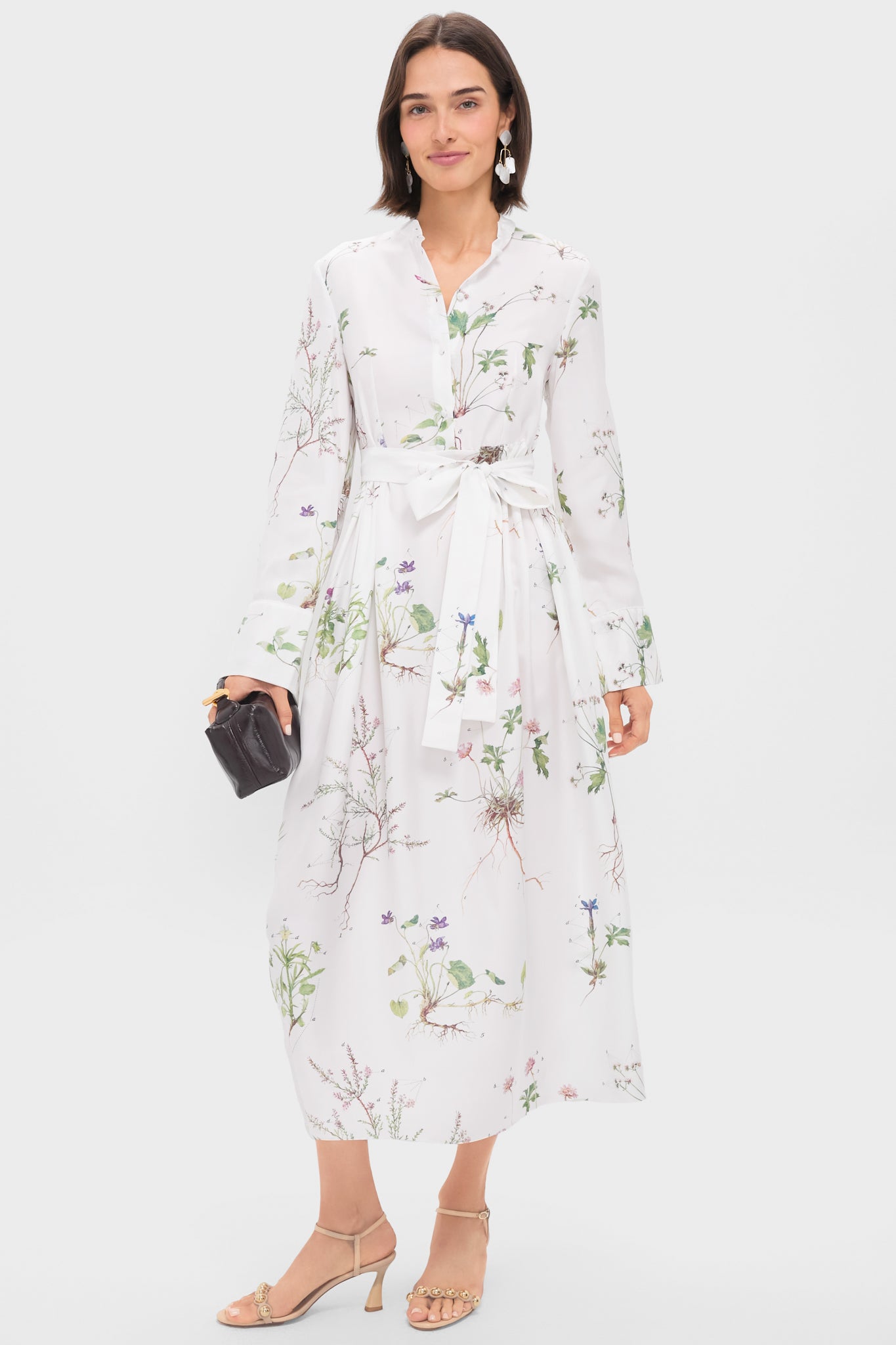 Elegant White Long Sleeve Tie Waist Midi Dress for Women | Floral Botanical Garden Print | Perfect for Garden Parties, Weddings & Spring Occasions
