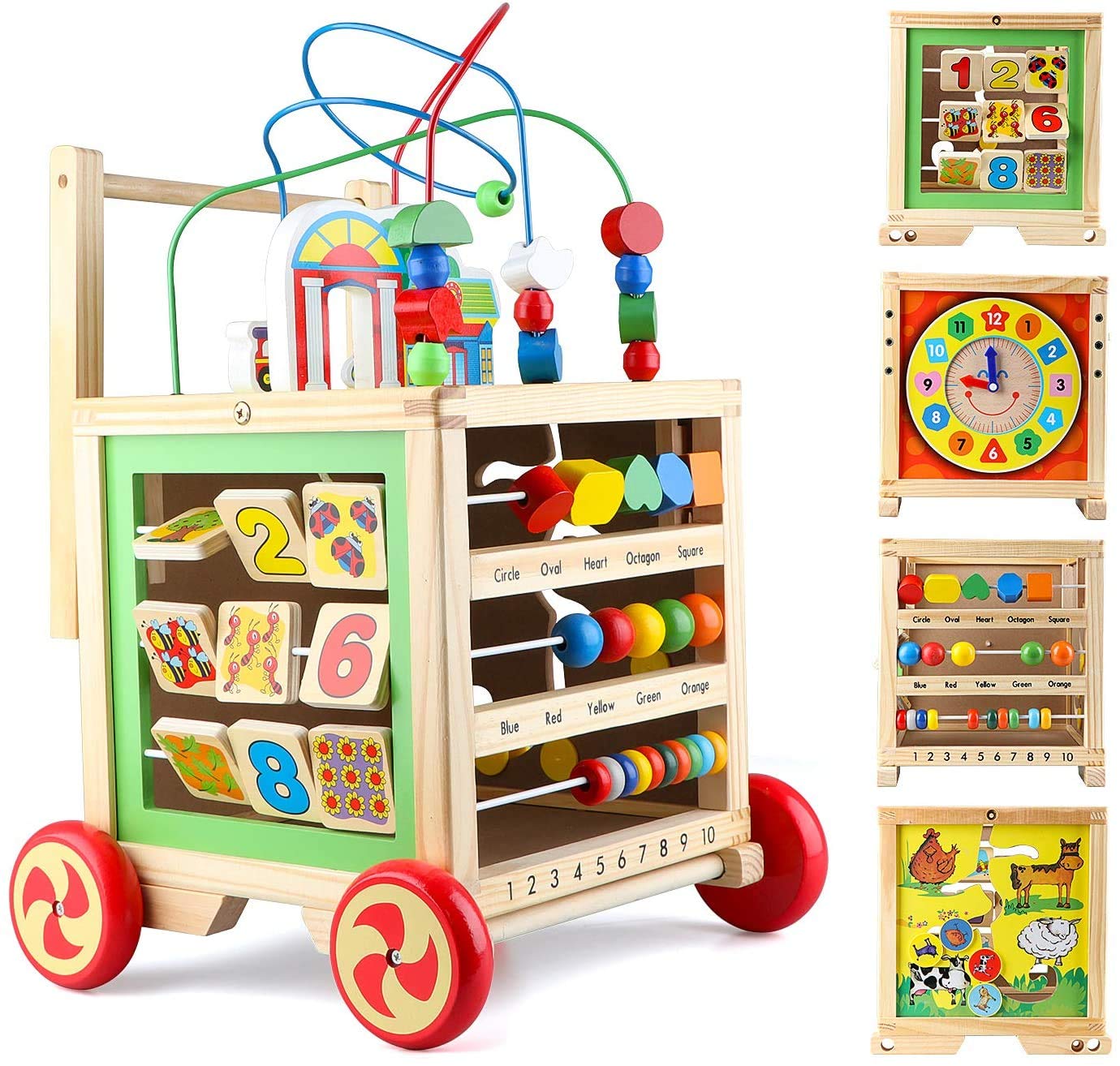 Wondertoys 6-in-1 Wooden Activity Cube - Bead Maze, Shape Sorter, Abacus & Learning Walker | Educational Baby Push Pull Toy | Perfect Gift for Toddlers 1-3 Years | Great for Early Learning & Motor Skill Development