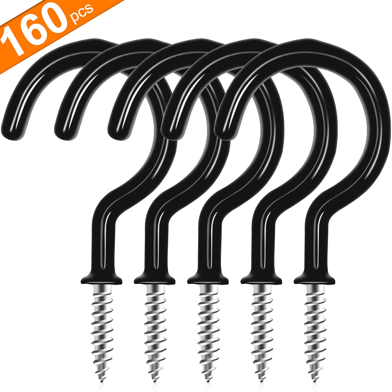 3/4 Inch Black Vinyl Coated Screw Hooks - 160 Pack Heavy Duty Ceiling Hooks for Plants, Wind Chimes & Kitchen Cups | Indoor & Outdoor Hanging Solution for Home, Garden & Patio Organization