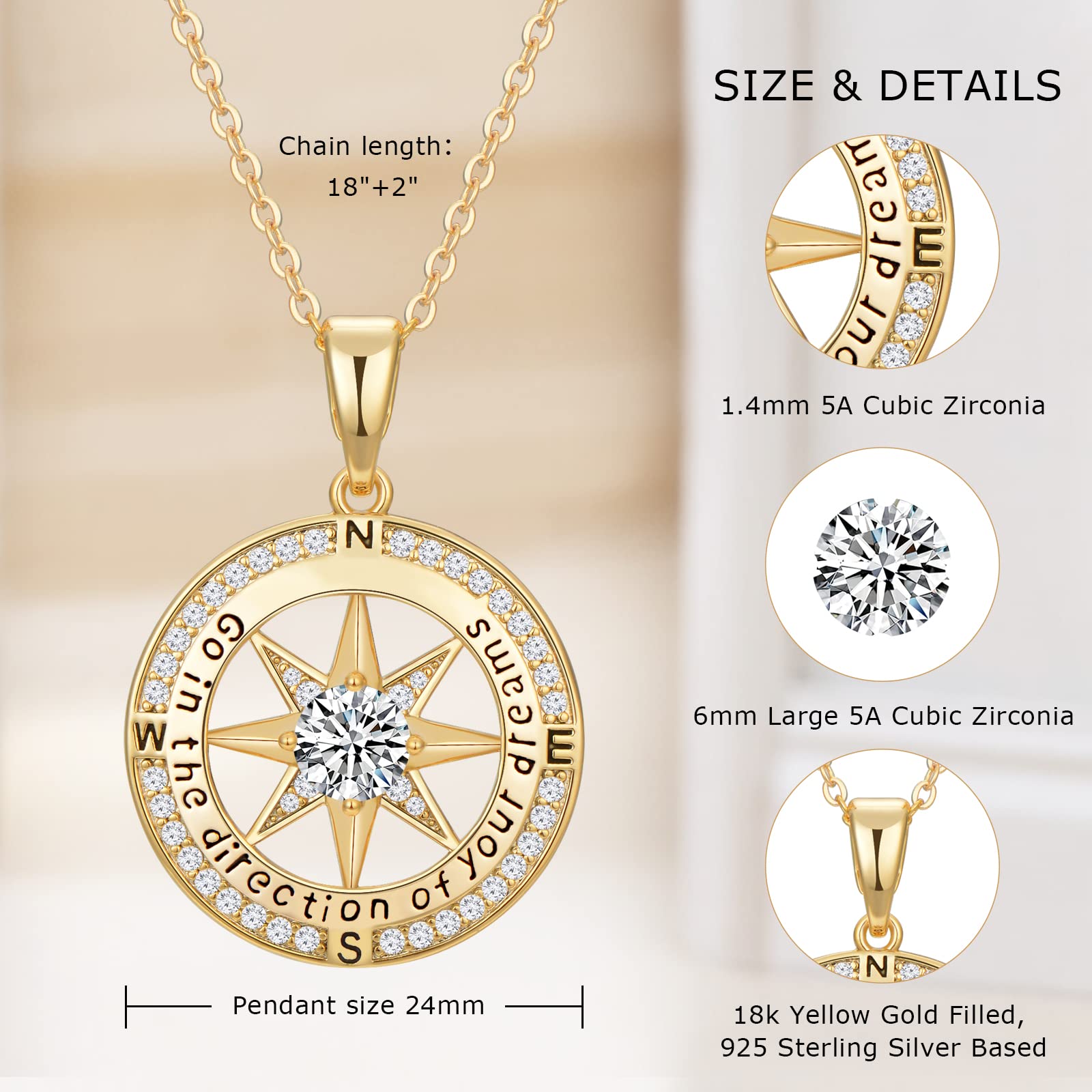 Inspirational Graduation Compass Necklace for Women - 18K Gold Filled 925 Sterling Silver Jewelry Gift for High School & College Graduates - Perfect Graduation Gift for Her, Friends & Daughters - Ideal for Commencement Ceremonies, Graduation Parties & Celebratory Occasions