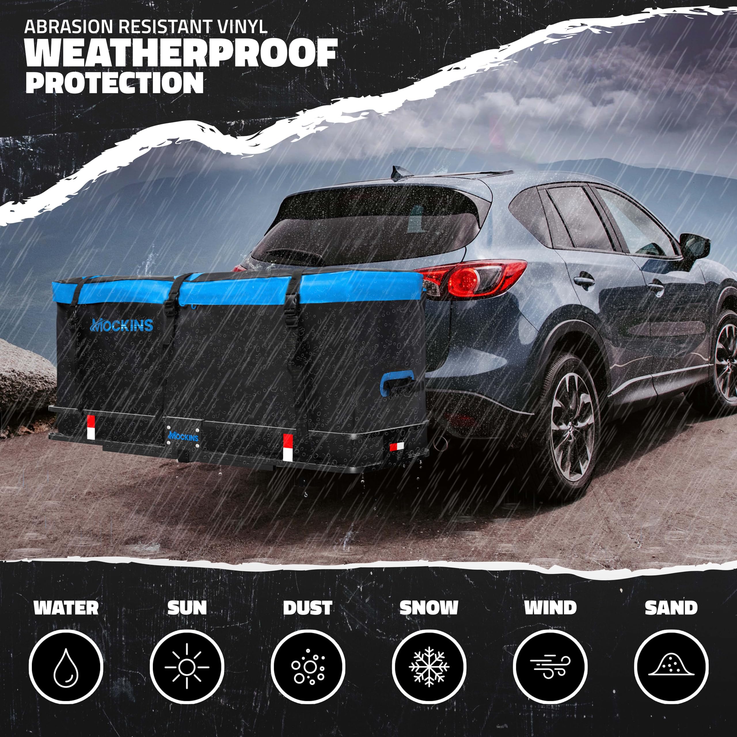 Mockins 60x20x6 Inch Folding Trailer Hitch Cargo Carrier with 16 CuFt Waterproof Vinyl Cargo Bag & 4 Packing Cubes – 500 Lbs Capacity SUV/Car Luggage Rack | Perfect for Road Trips, Camping Gear Storage & Truck Bed Organization